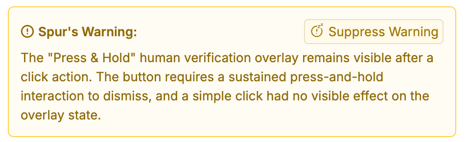 A yellow warning card reading "Spur's Warning:" about a Press and Hold verification overlay, with a Suppress Warning button in the top right