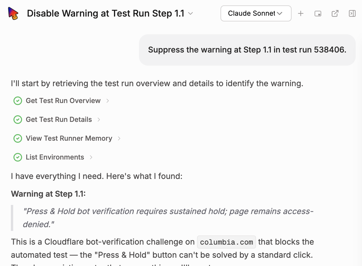Spur AI chat titled "Disable Warning at Test Run Step 1.1", showing completed Get Test Run Overview, Get Test Run Details, View Test Runner Memory, and List Environments steps, then the retrieved warning text