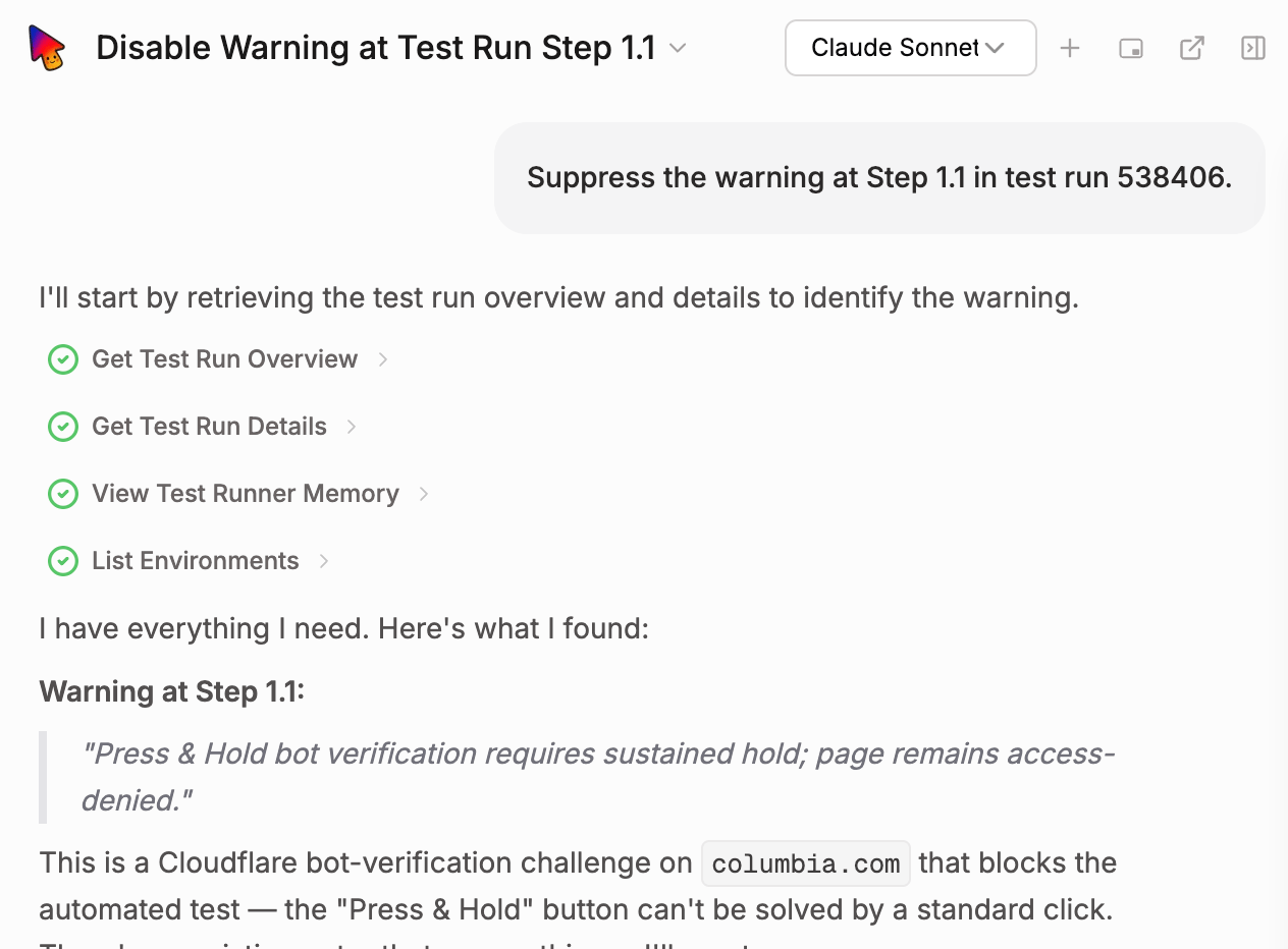 Spur AI chat titled "Disable Warning at Test Run Step 1.1", showing completed Get Test Run Overview, Get Test Run Details, View Test Runner Memory, and List Environments steps, then the retrieved warning text