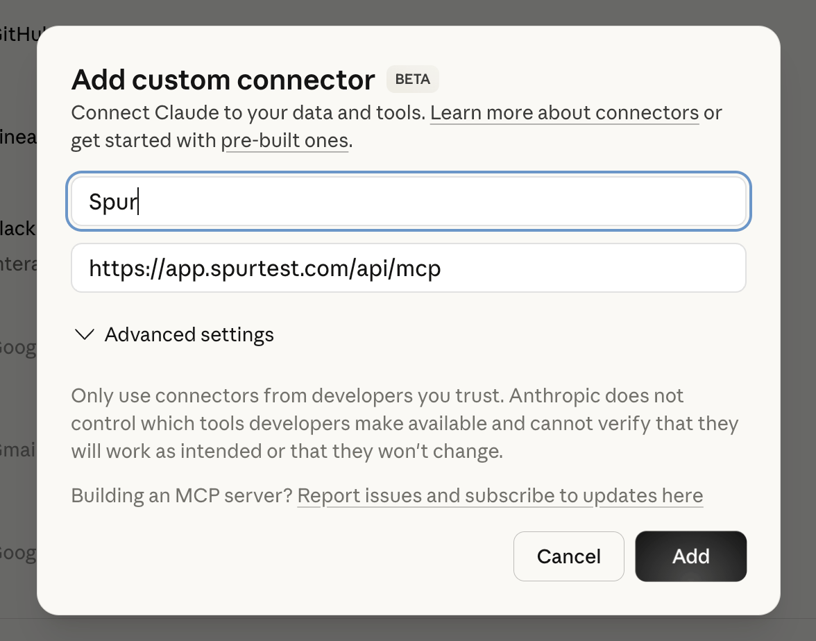 Add custom connector modal with Spur MCP URL