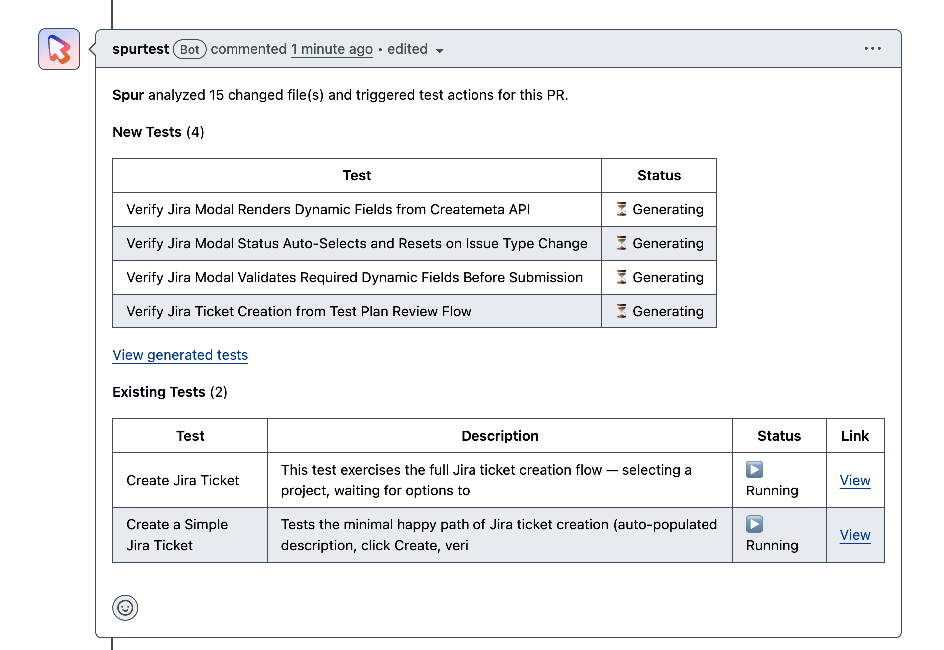 Spur PR comment with generated and existing tests