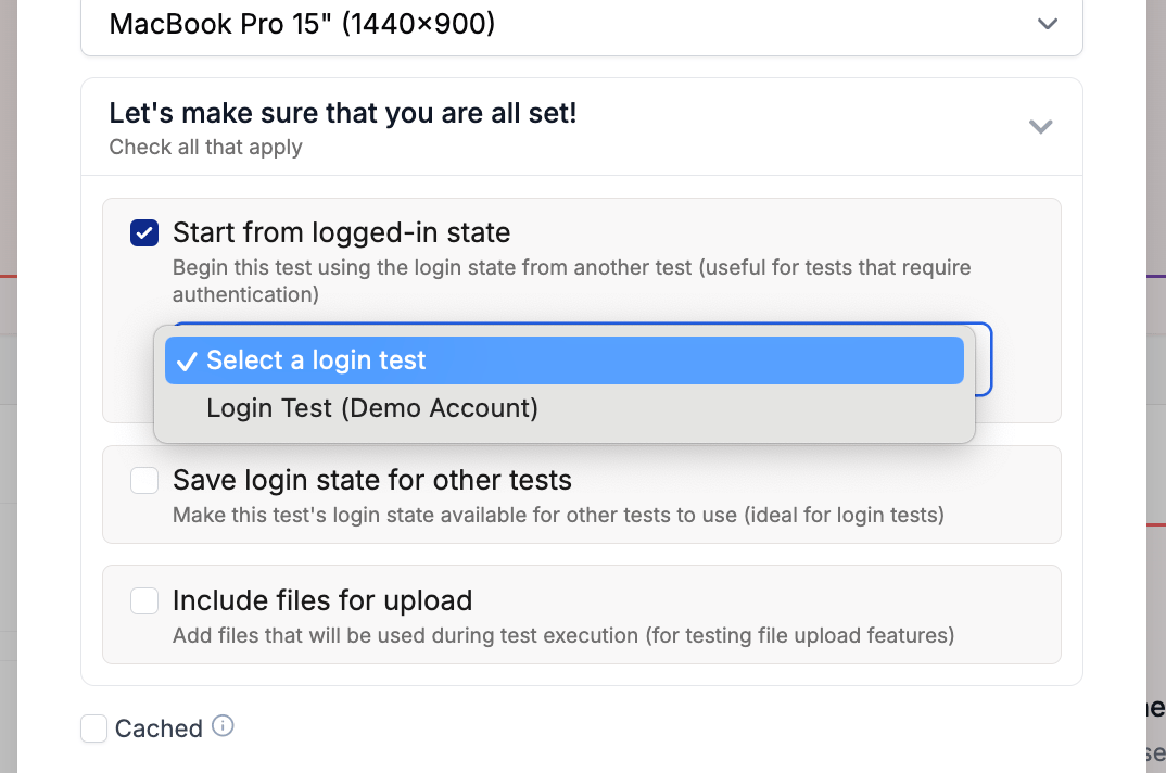 Test configuration section showing authentication options