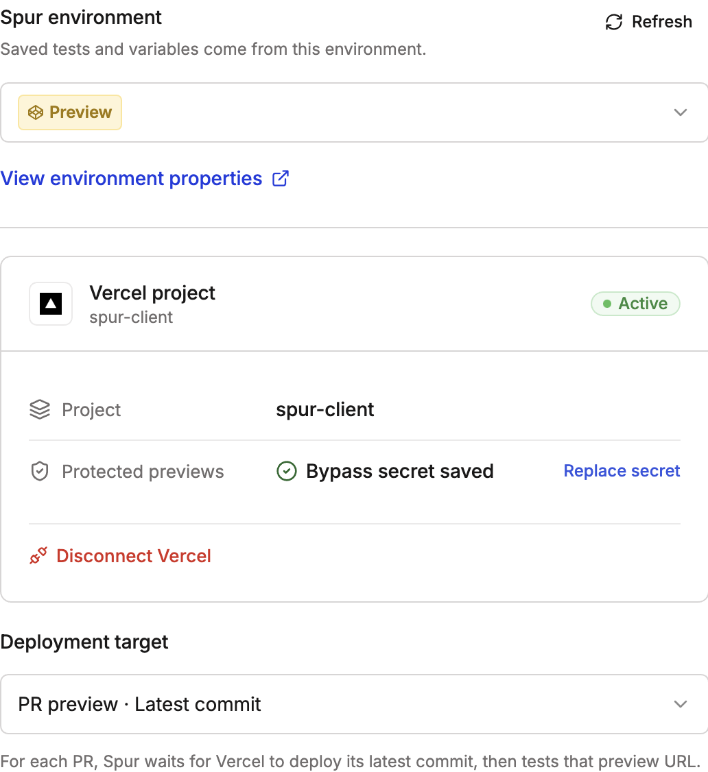 Spur environment and deployment target controls in PR Agent settings