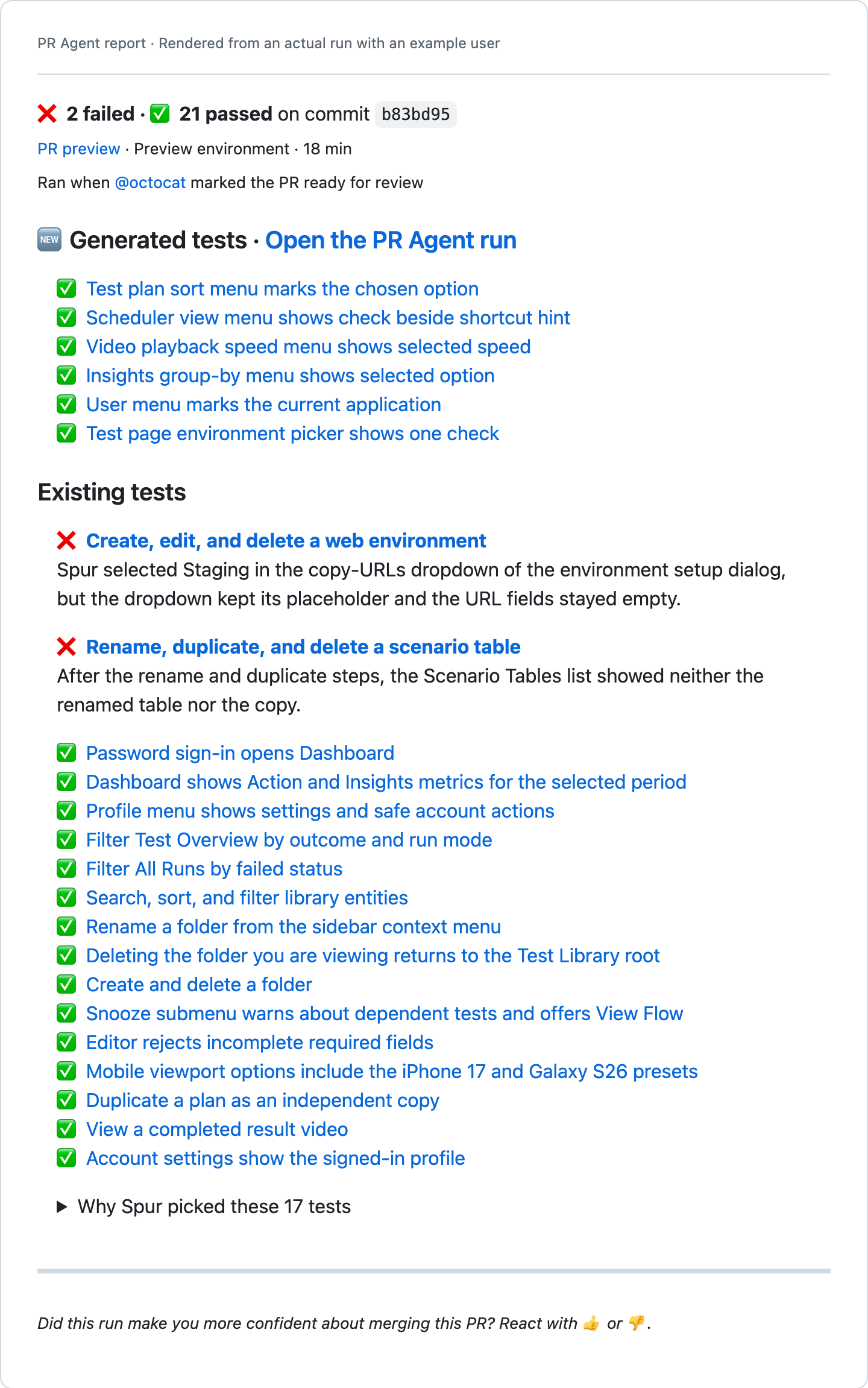 PR Agent report rendered from a real run, with 2 failed and 21 passed tests in generated and existing test sections and an explanation for each failure