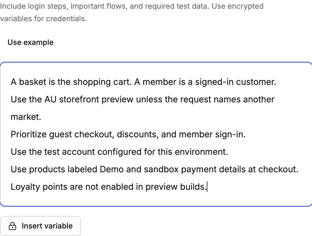 Testing instructions editor with example terminology, account guidance, and test-data requirements