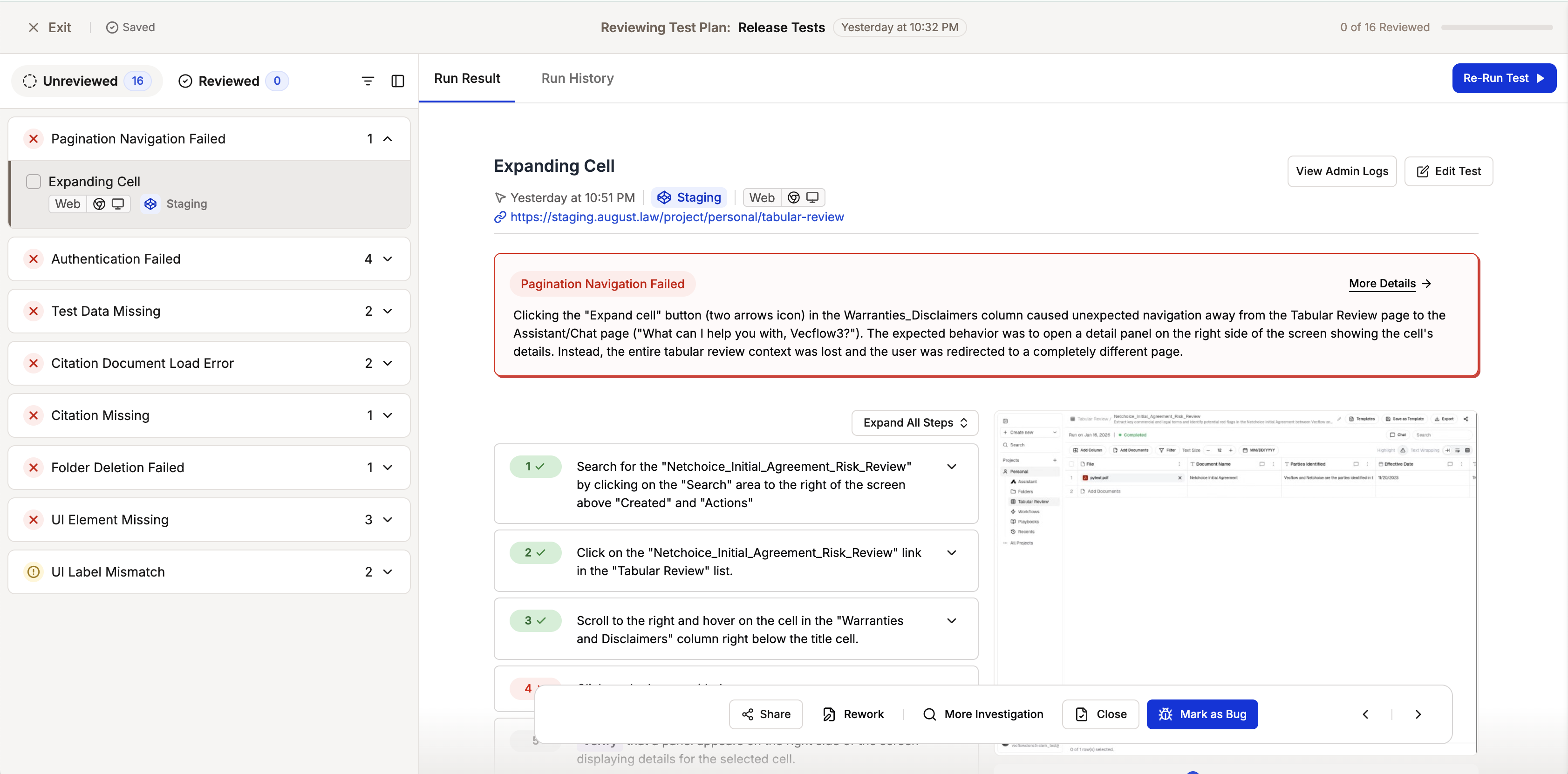 Test Plan review interface