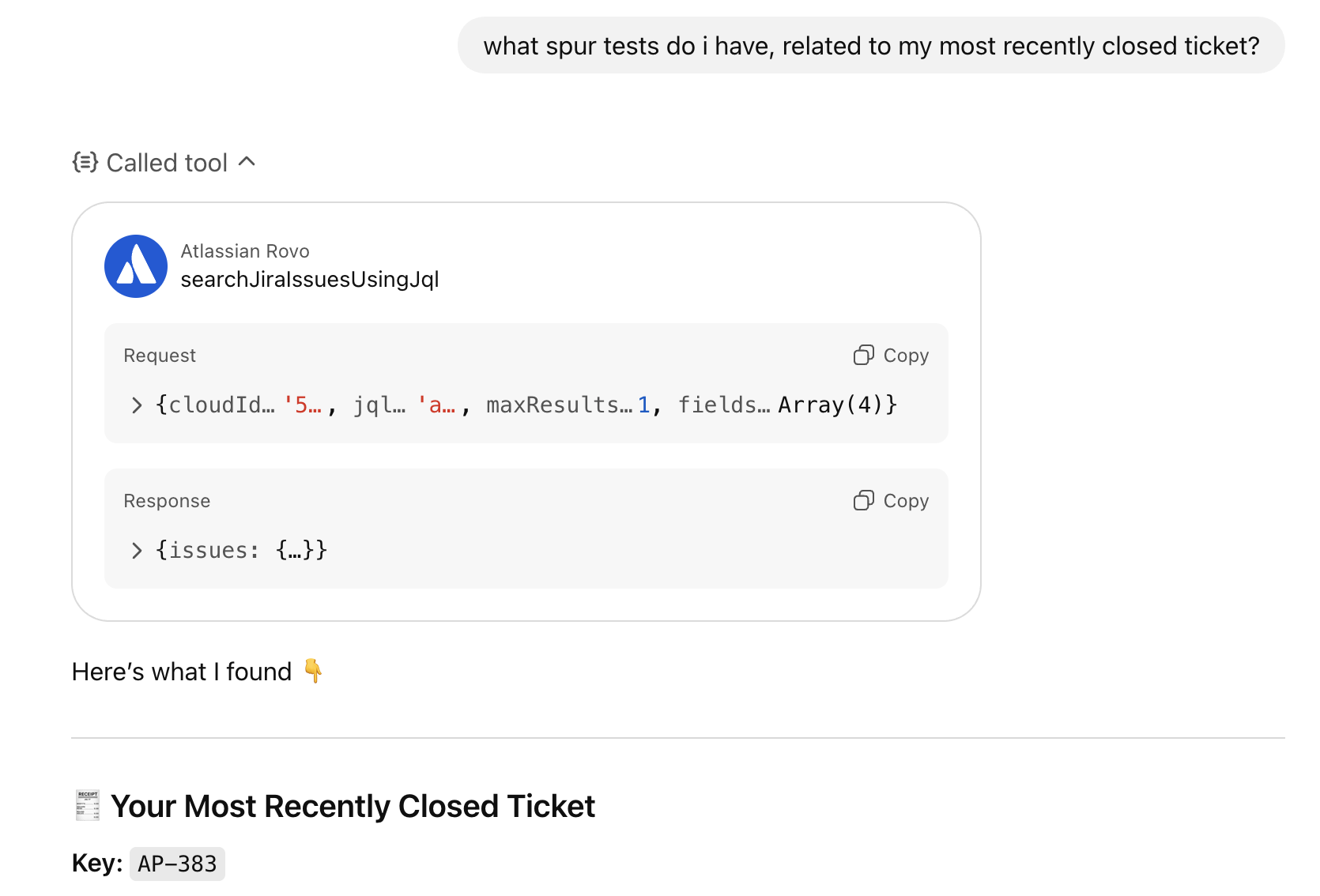 Agent matching Jira ticket to Spur tests