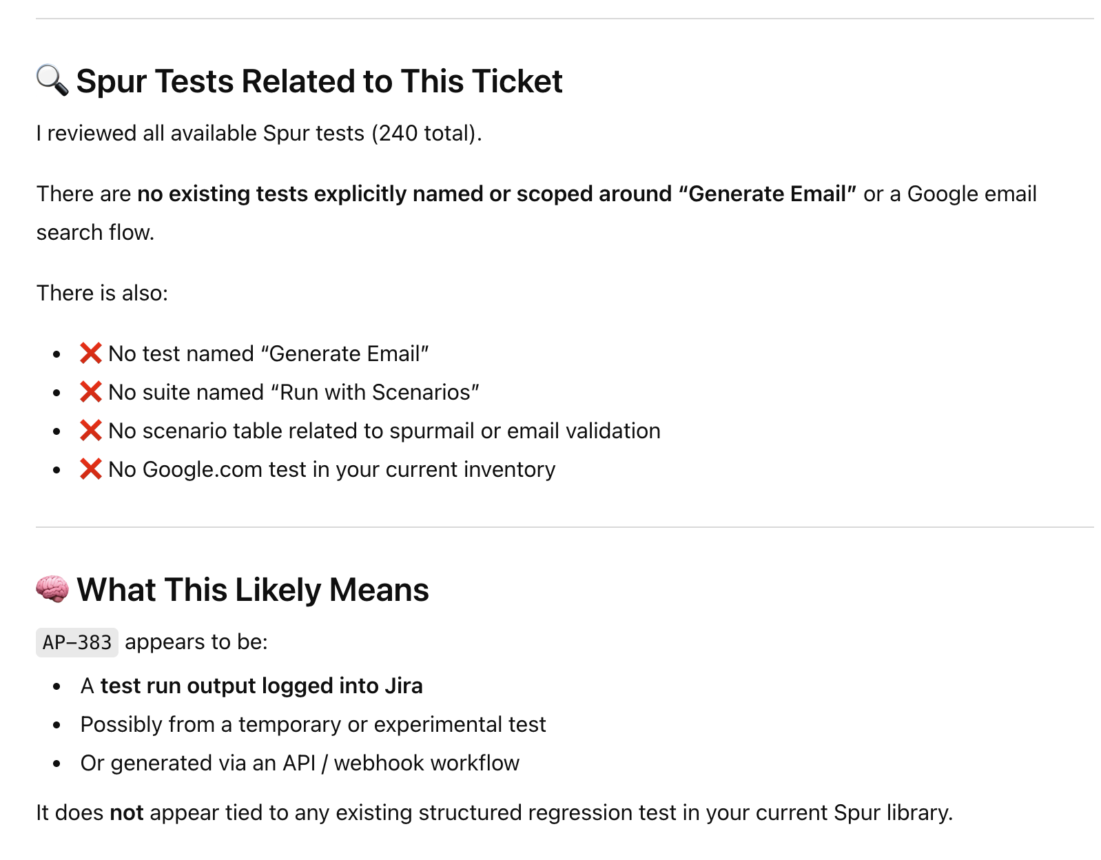 Agent reporting Spur test results for a Jira ticket