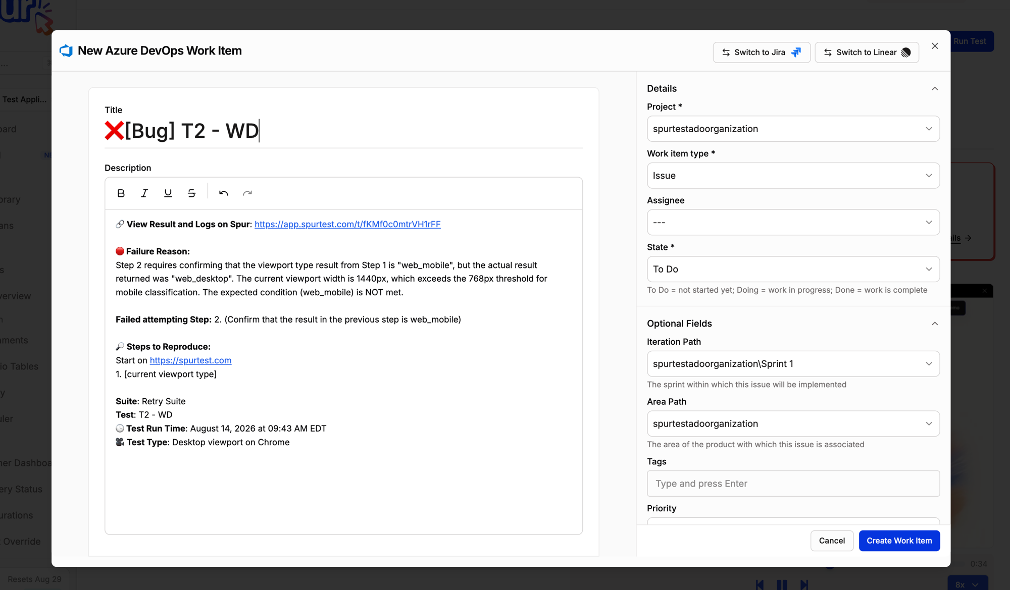 The New Azure DevOps Work Item form, with Switch to Jira and Switch to Linear buttons in the header, an editable title, and a description containing a link to the run, a failure reason, the failed step, steps to reproduce, and the suite, test, run time, and test type, beside a Details panel showing Project, Work item type, Assignee, and State, and an Optional Fields panel showing Iteration Path, Area Path, Tags, and Priority