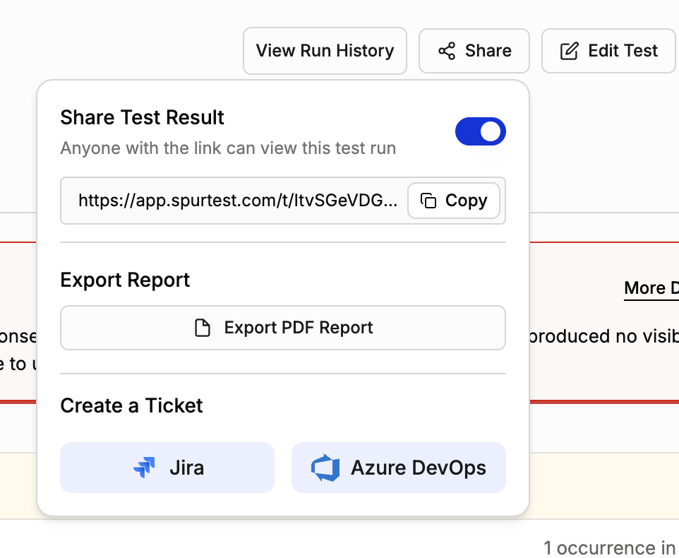 The Share menu open on a test result, showing a Share Test Result toggle with a copyable link, an Export PDF Report button, and Jira and Azure DevOps buttons side by side under the Create a Ticket heading