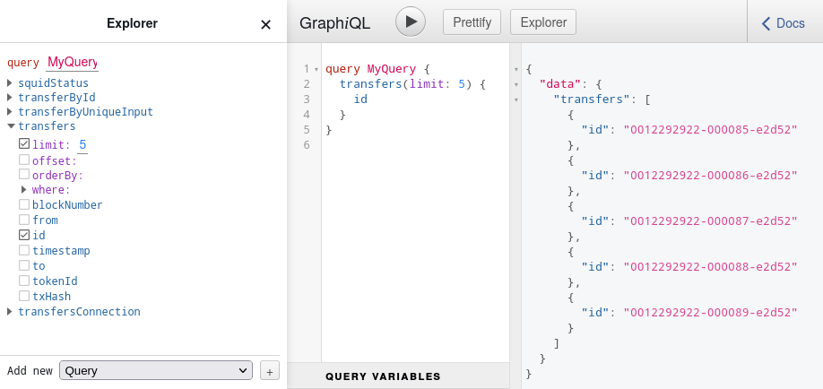 GraphiQL playground with a transfers query