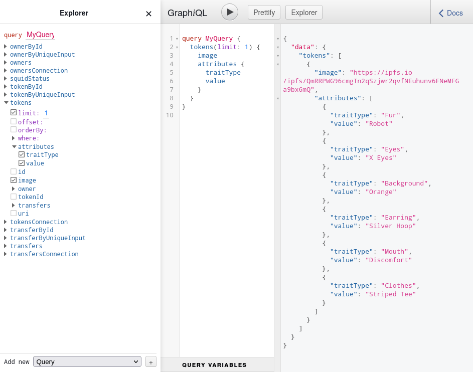 GraphiQL playground with token metadata