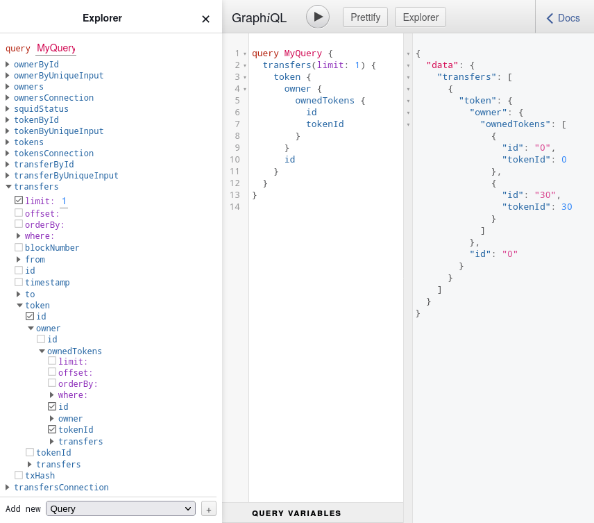 GraphiQL playground showing the new Owner and Token entities