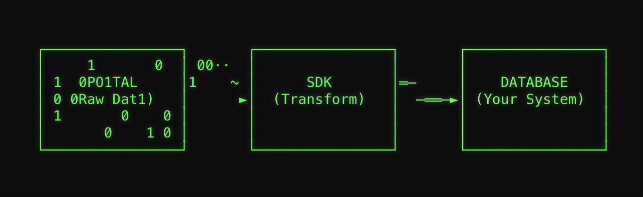 Portal data flow showing raw blockchain data being transformed by SDK and stored in your database