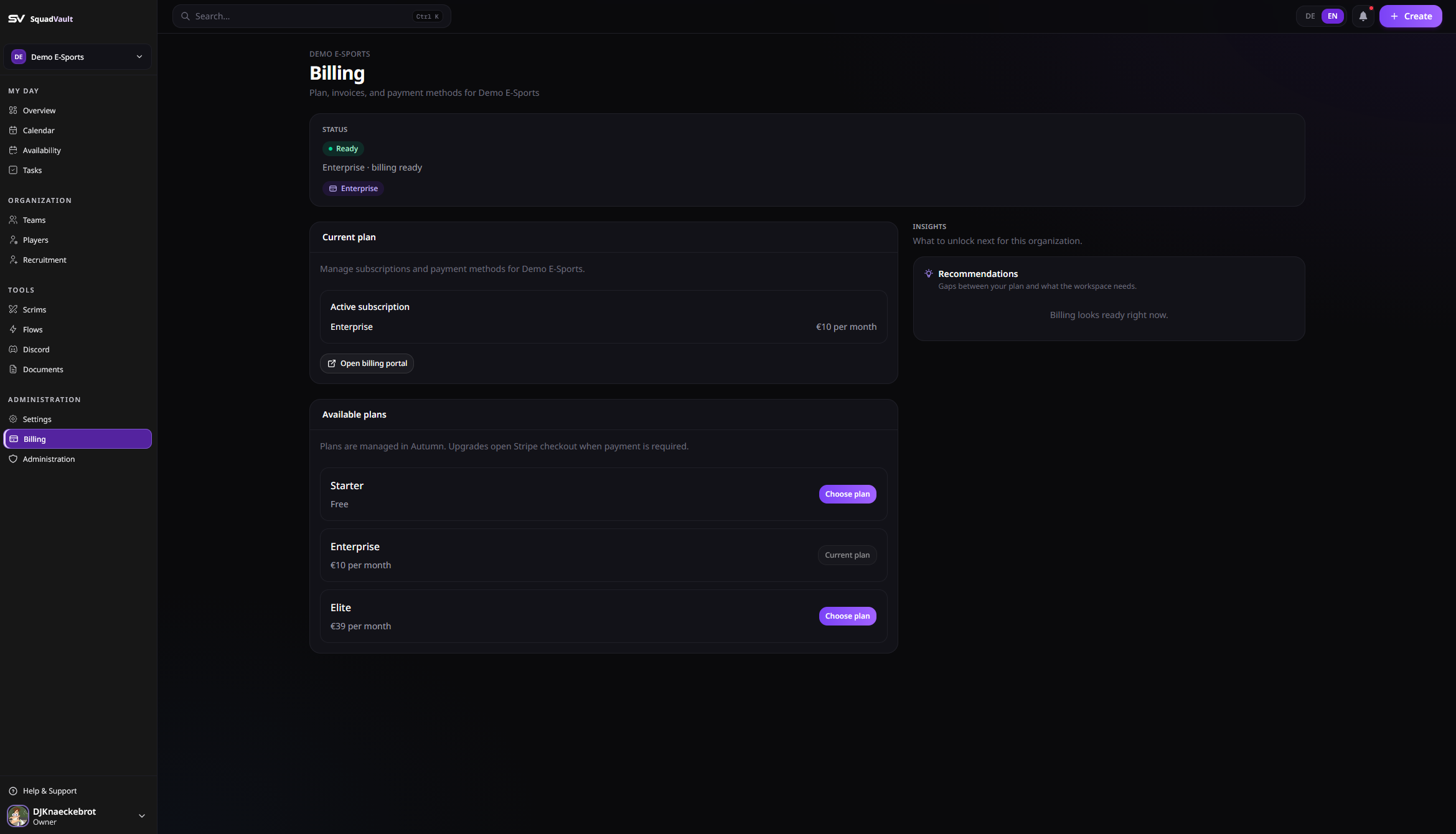 Billing page showing current plan and upgrade options