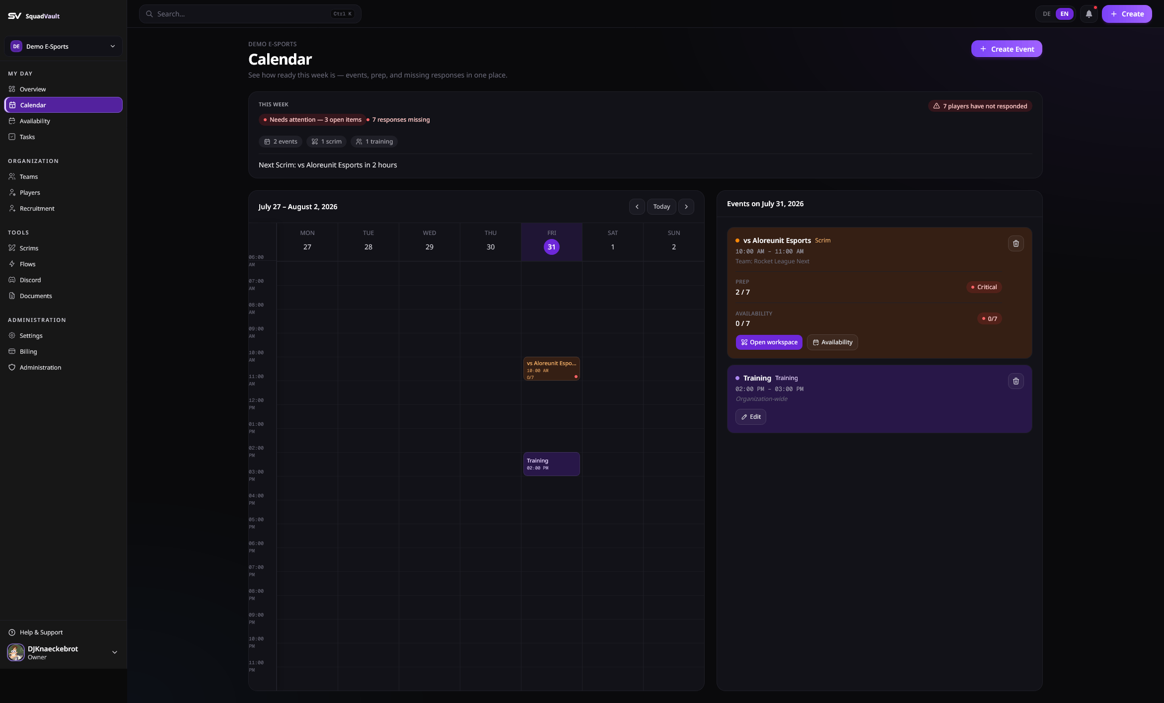Calendar week view with scheduled events
