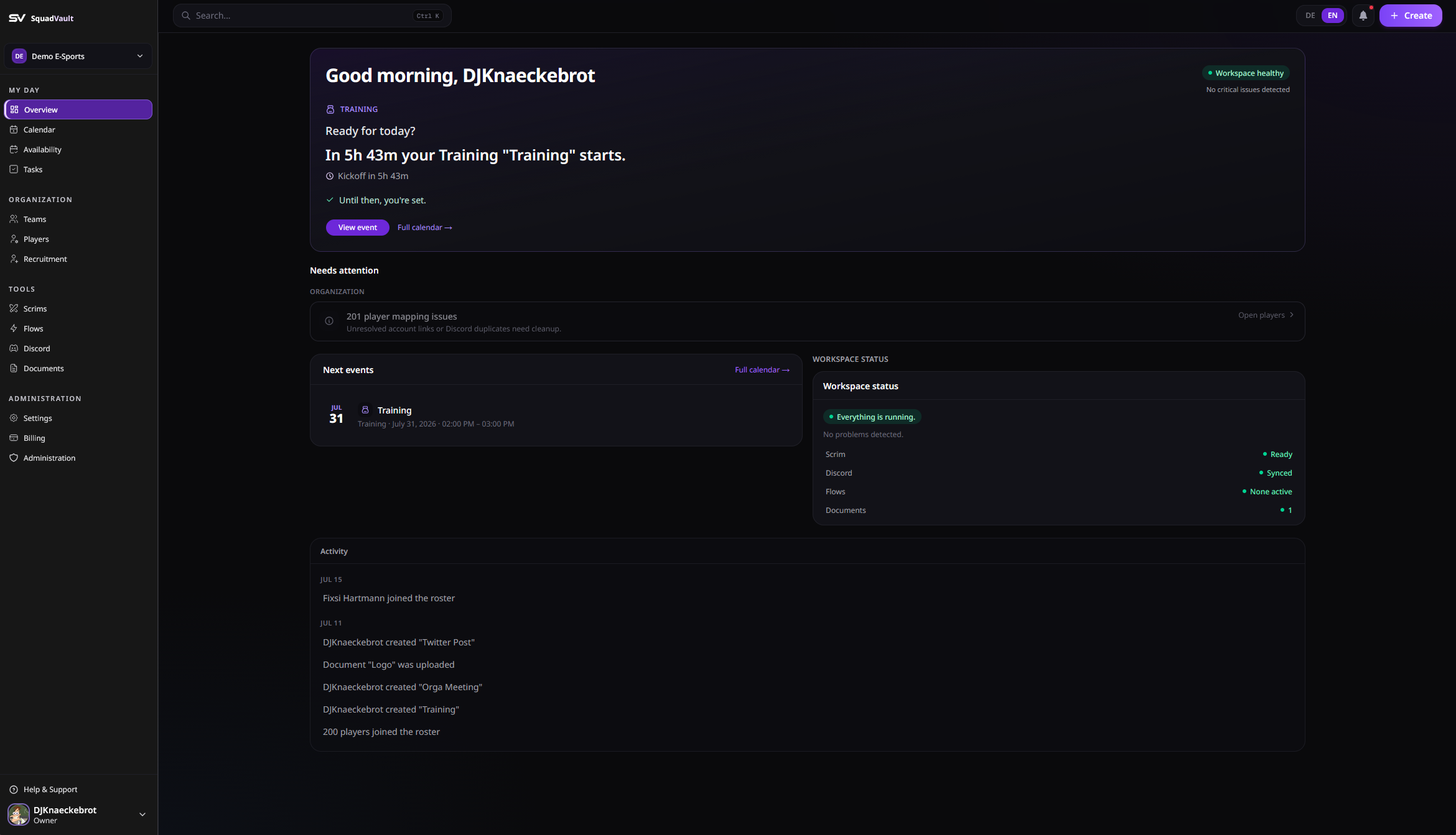 SquadVault dashboard overview