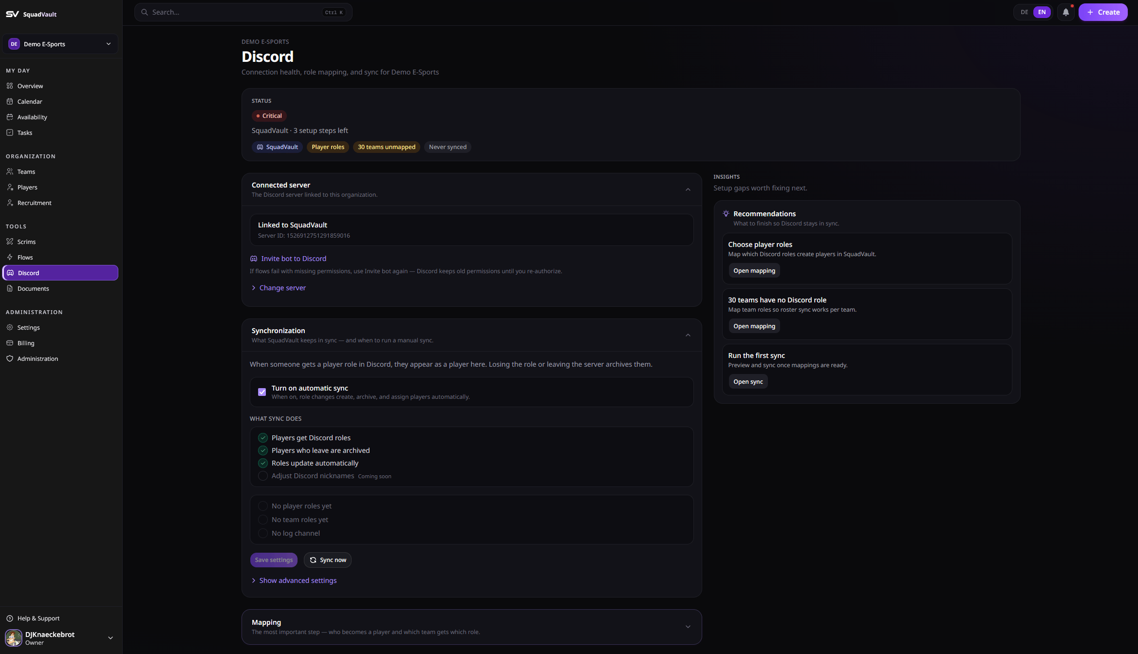 Discord page showing bot connection and sync status