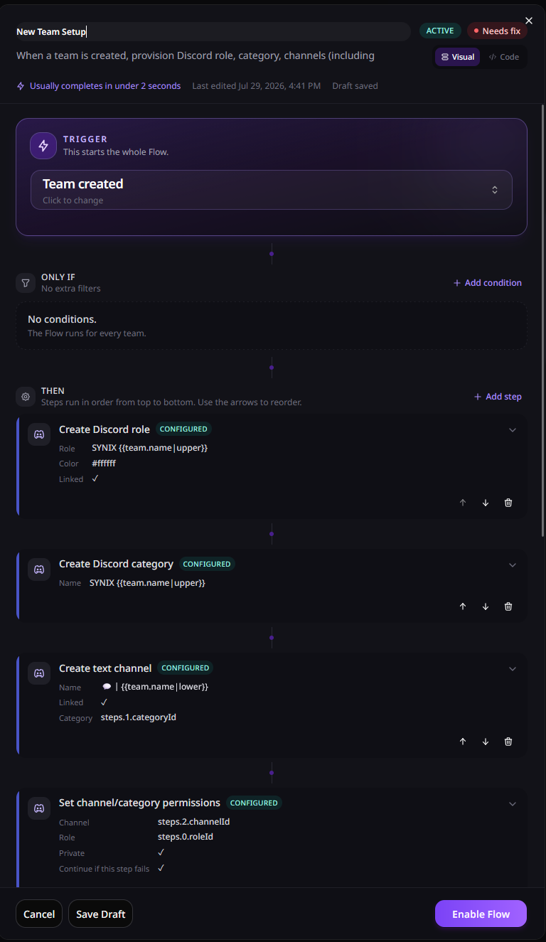 Flow builder showing trigger and action blocks