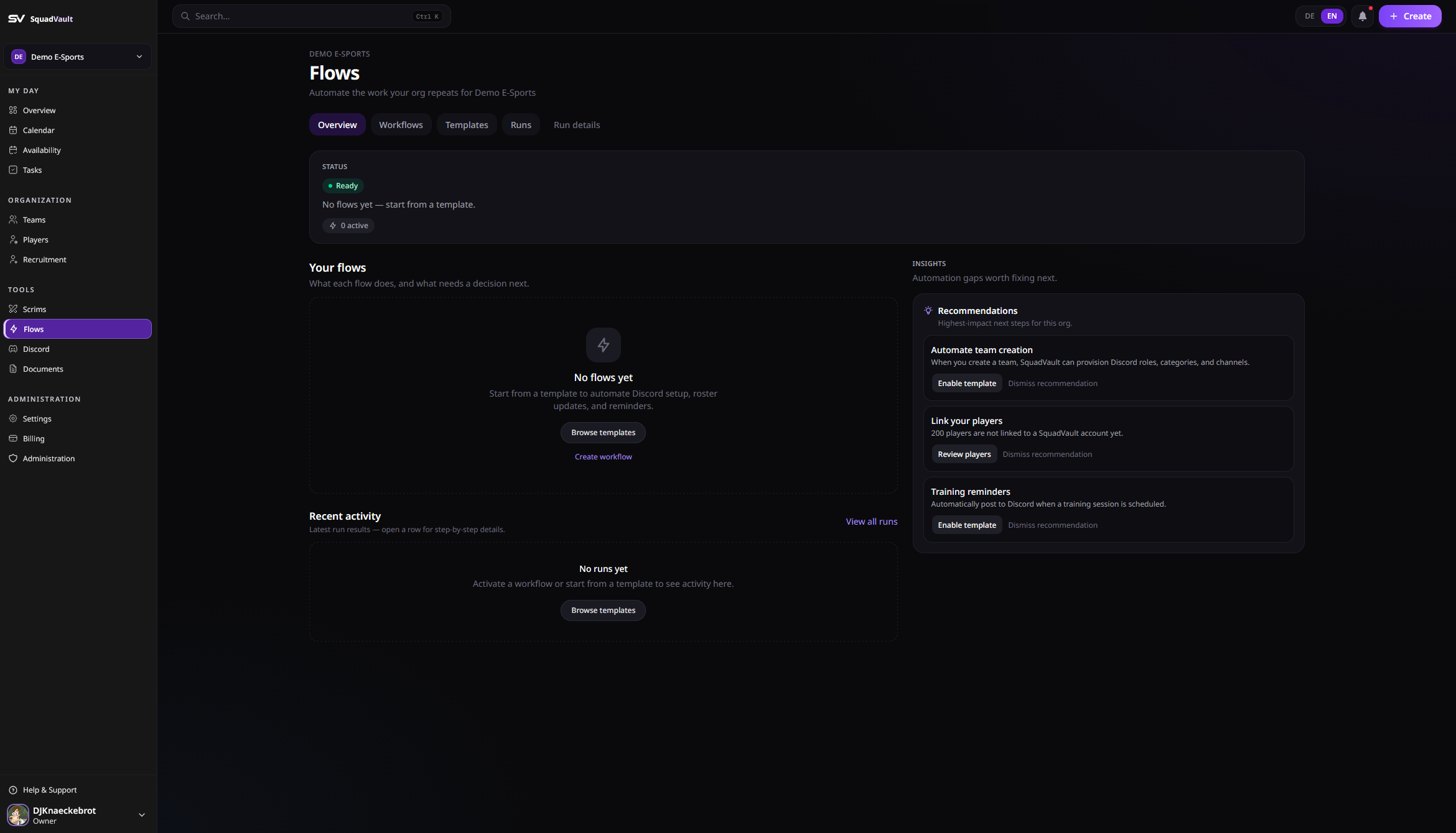Flows page showing automation health and work list