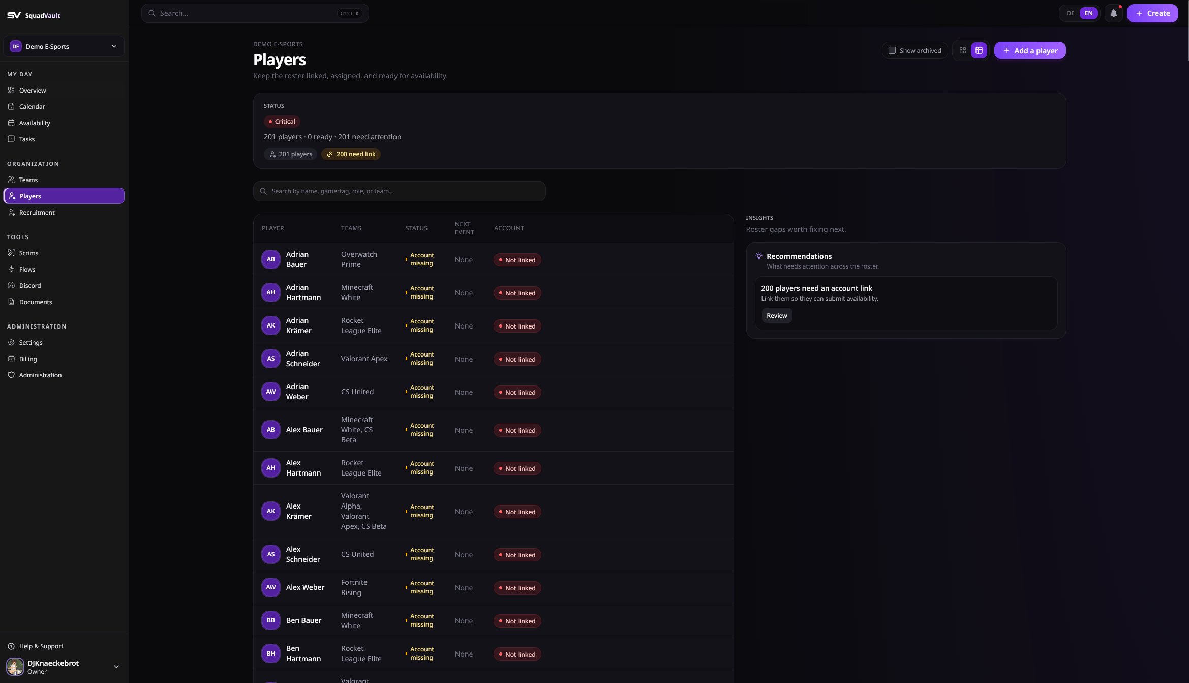 Players page showing roster readiness and player list
