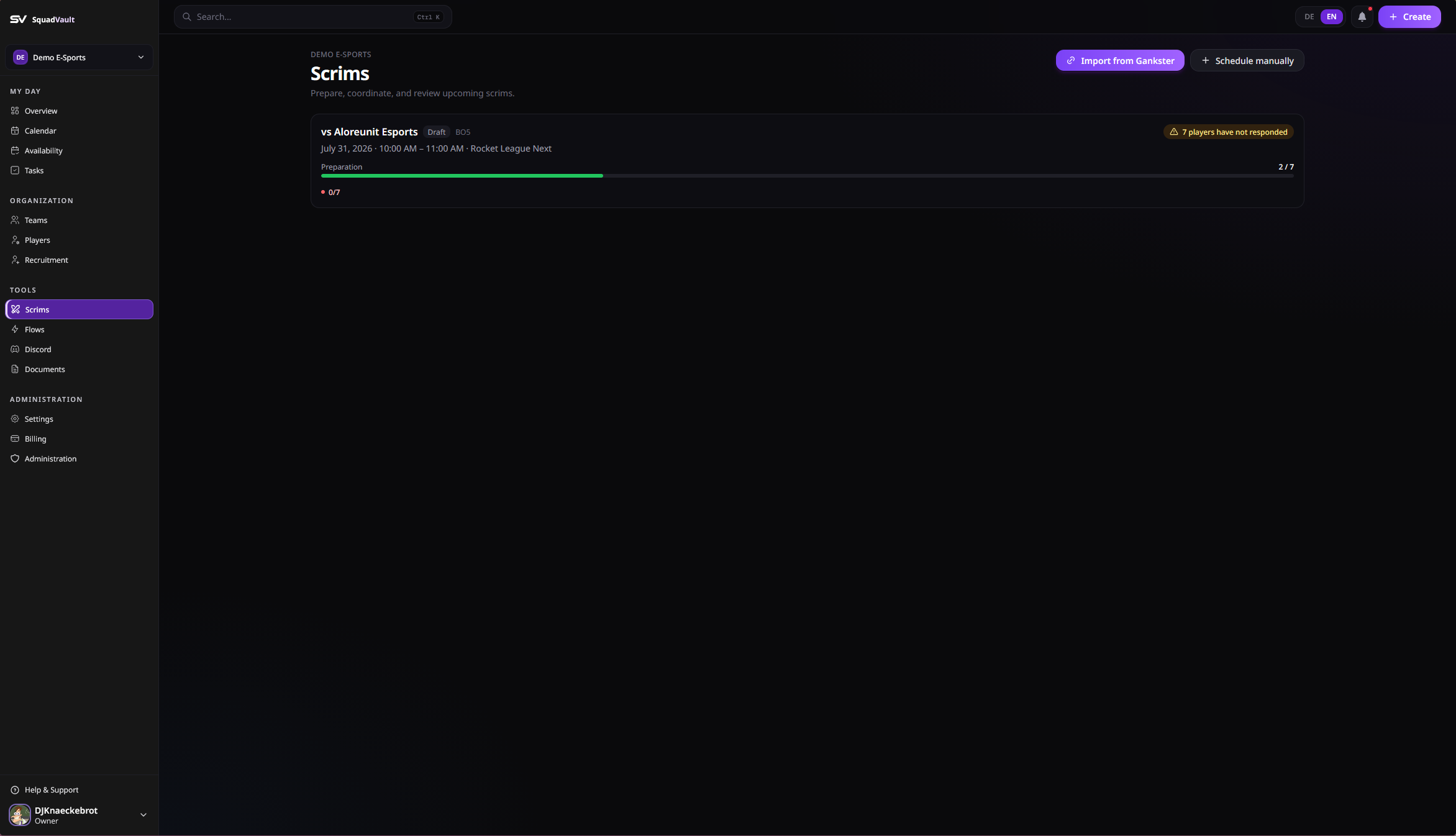 Events list showing upcoming workspaces and readiness