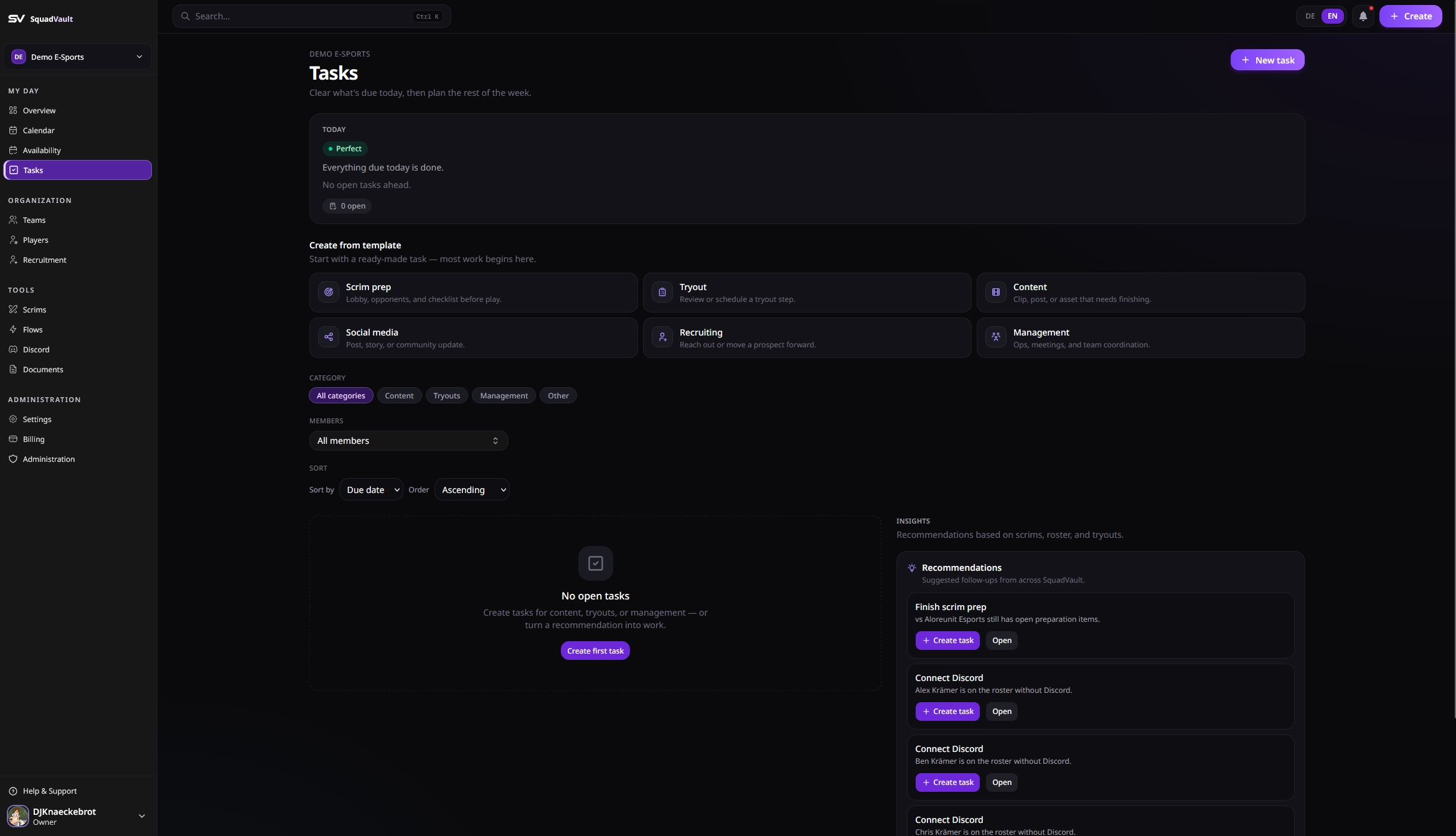 Tasks page showing overdue items and task list