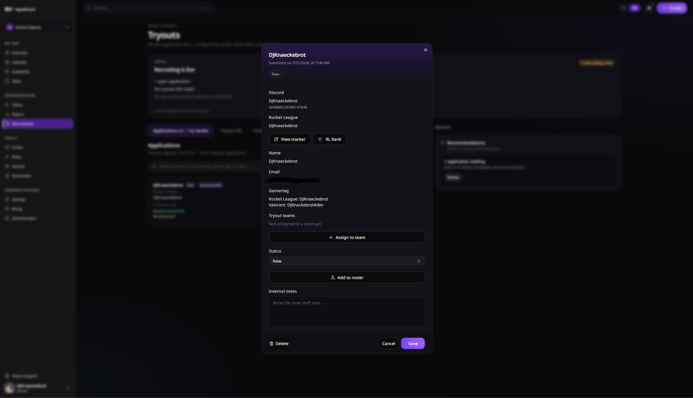 Application detail dialog with status and roster action