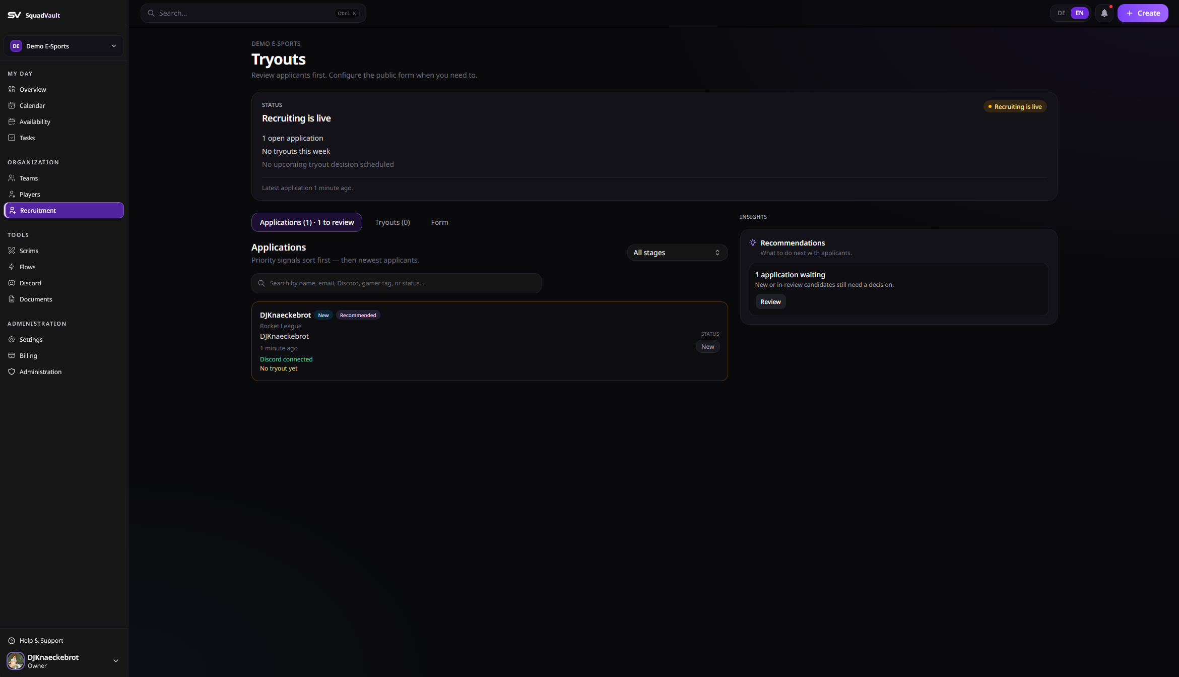 Tryouts page showing recruiting status, application cards, and insights