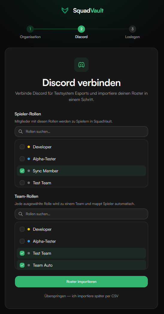 Onboarding: Discord-Rollen wählen und den Roster nach SquadVault importieren