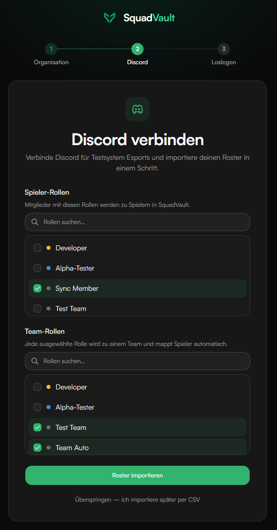 Onboarding: Discord-Rollen wählen und den Roster nach SquadVault importieren