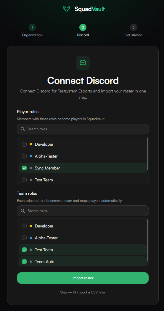 Onboarding: pick Discord roles and import the roster into SquadVault