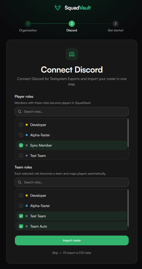 Onboarding: pick Discord roles and import the roster into SquadVault