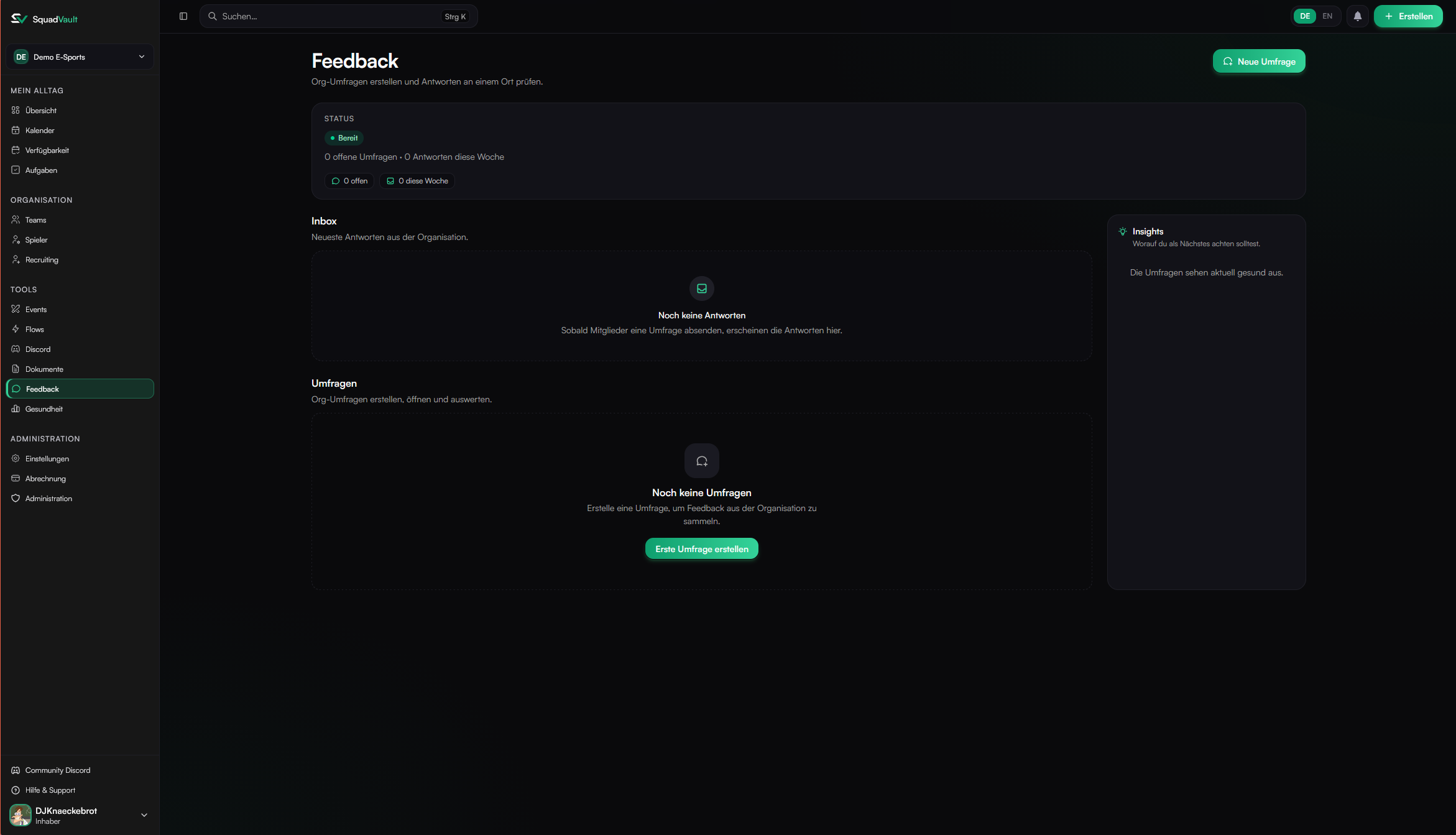 Feedback page showing survey status, response inbox, and survey list