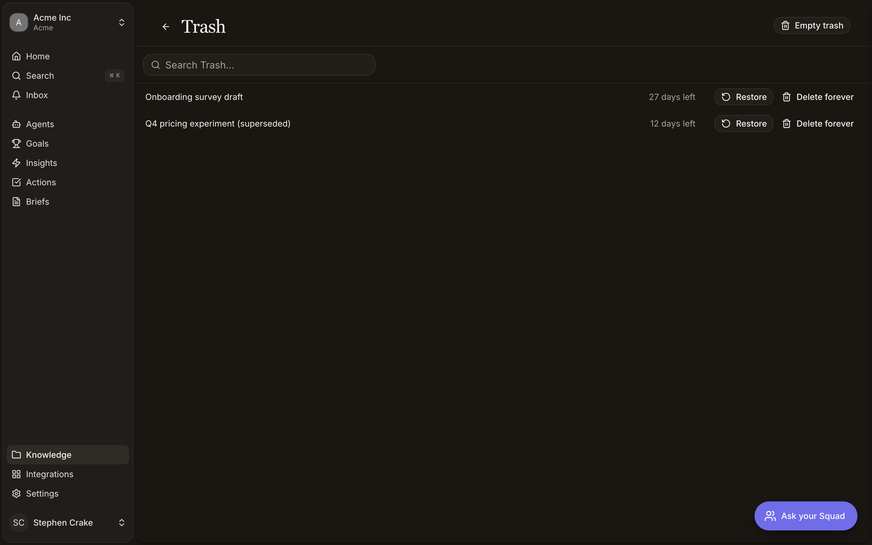 The Knowledge Trash page