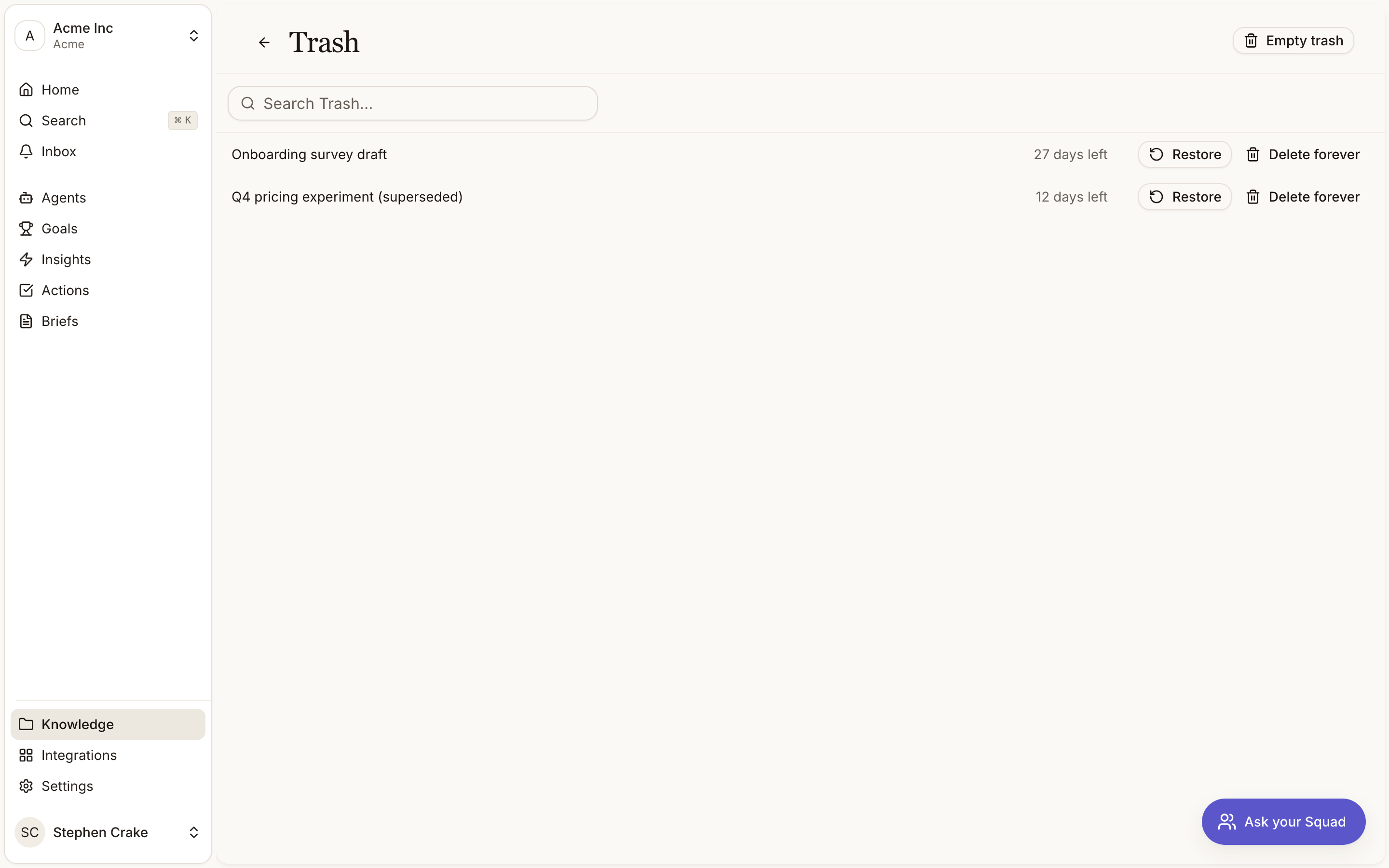 The Knowledge Trash page