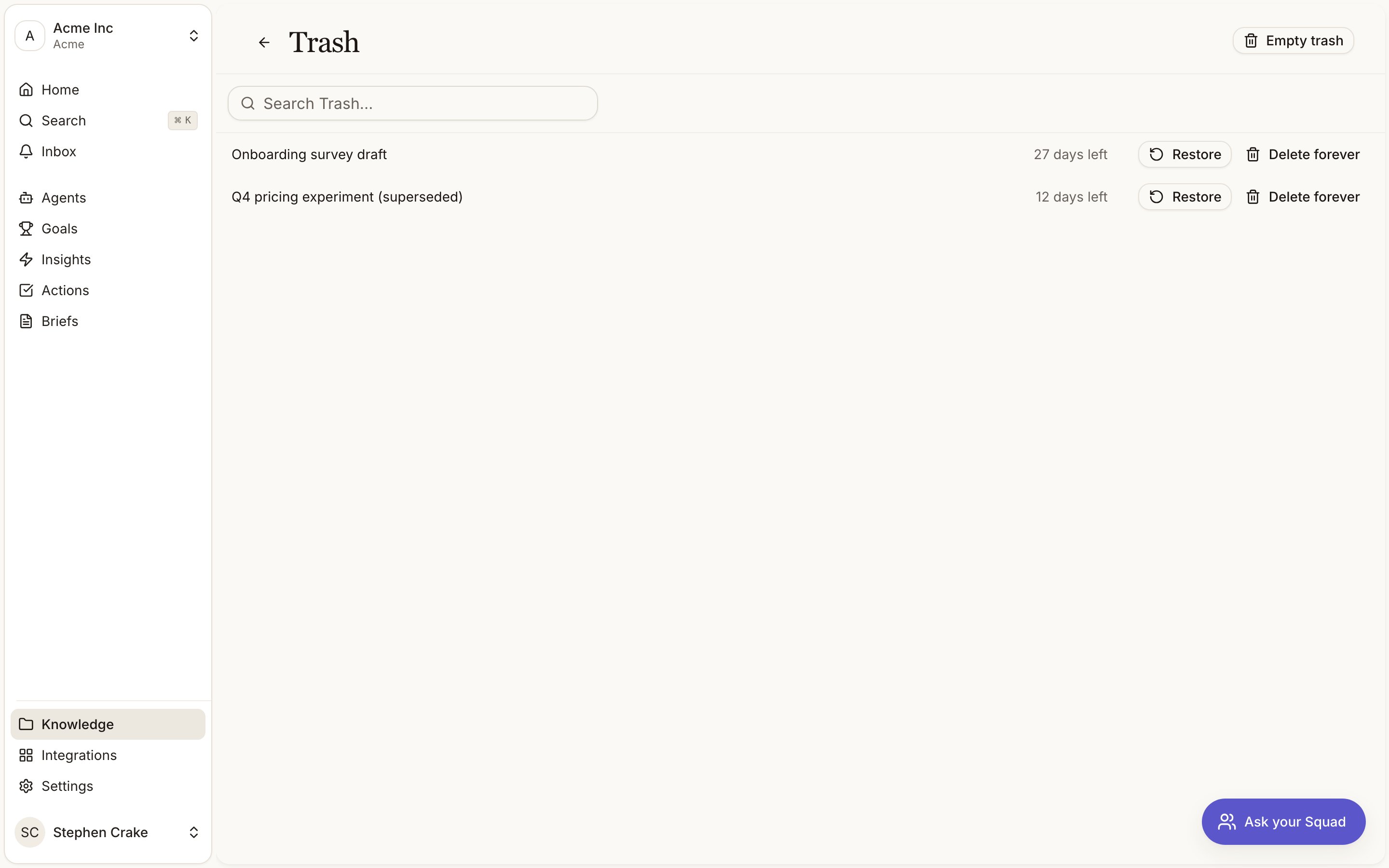 The Knowledge Trash page