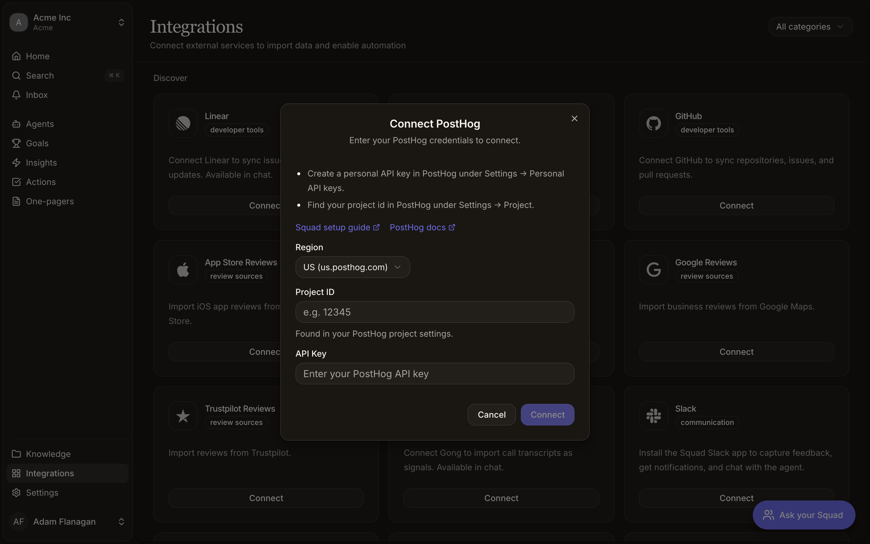 PostHog's connect dialog, asking for a region, project ID and API key