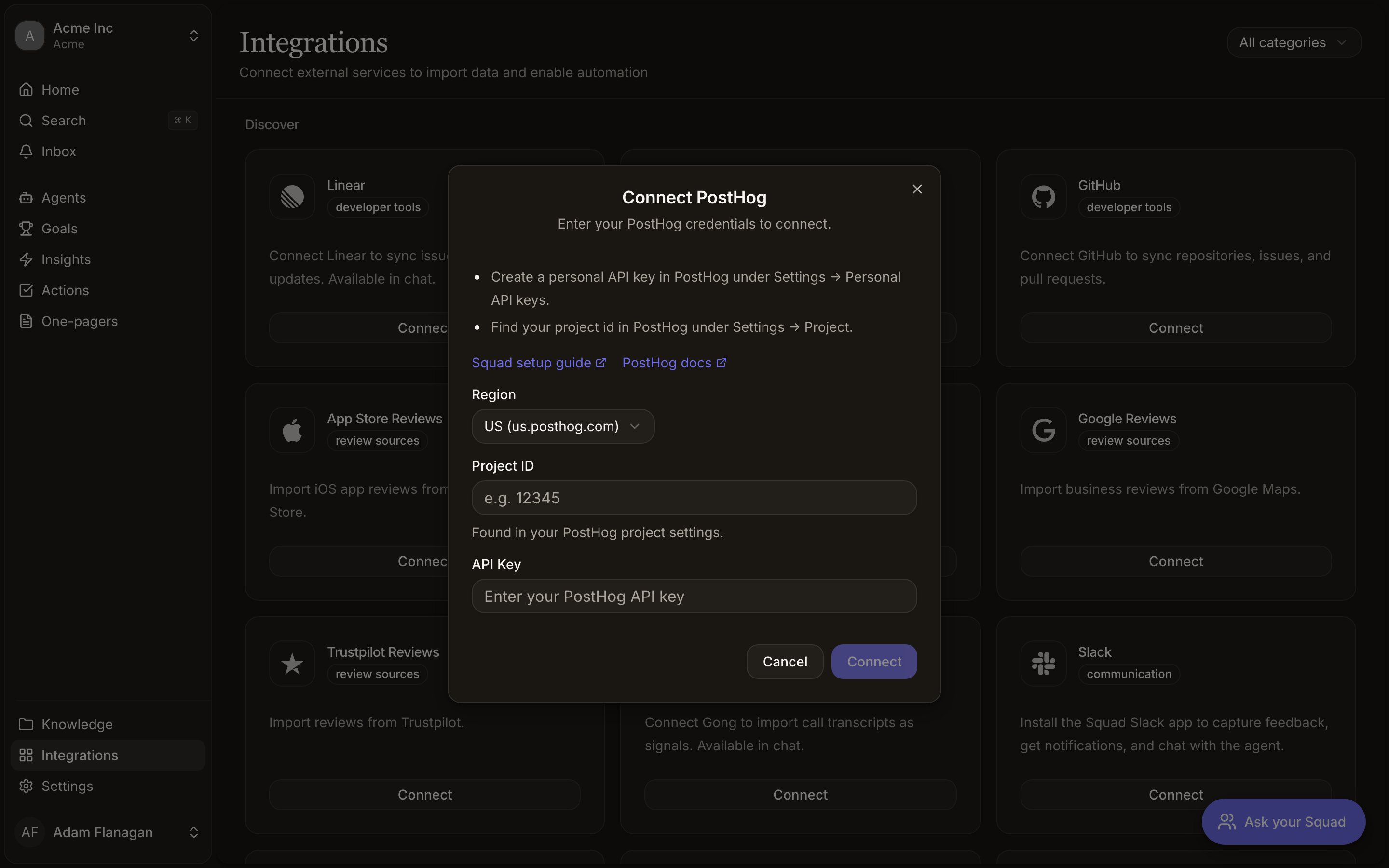 PostHog's connect dialog, asking for a region, project ID and API key