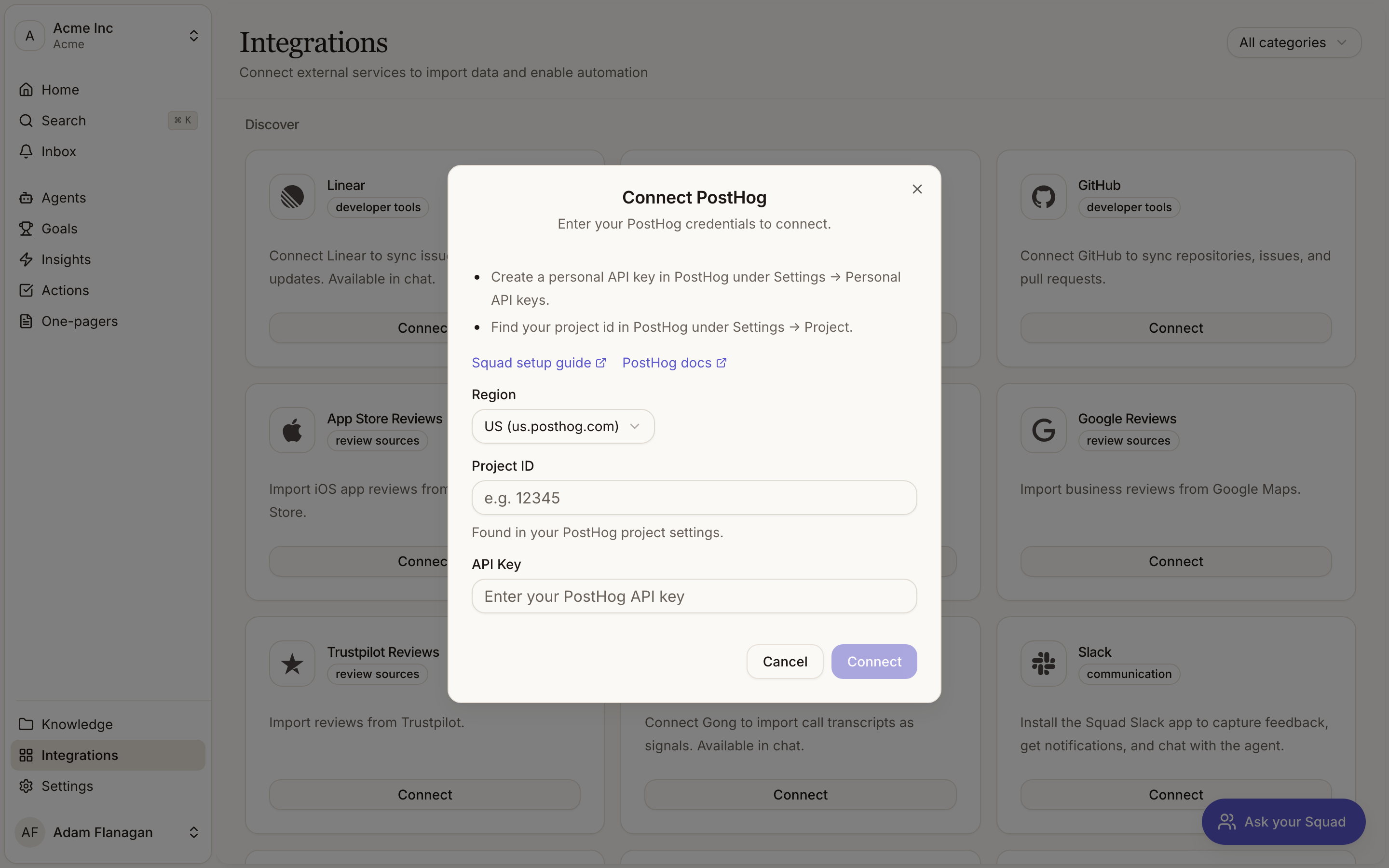 PostHog's connect dialog, asking for a region, project ID and API key