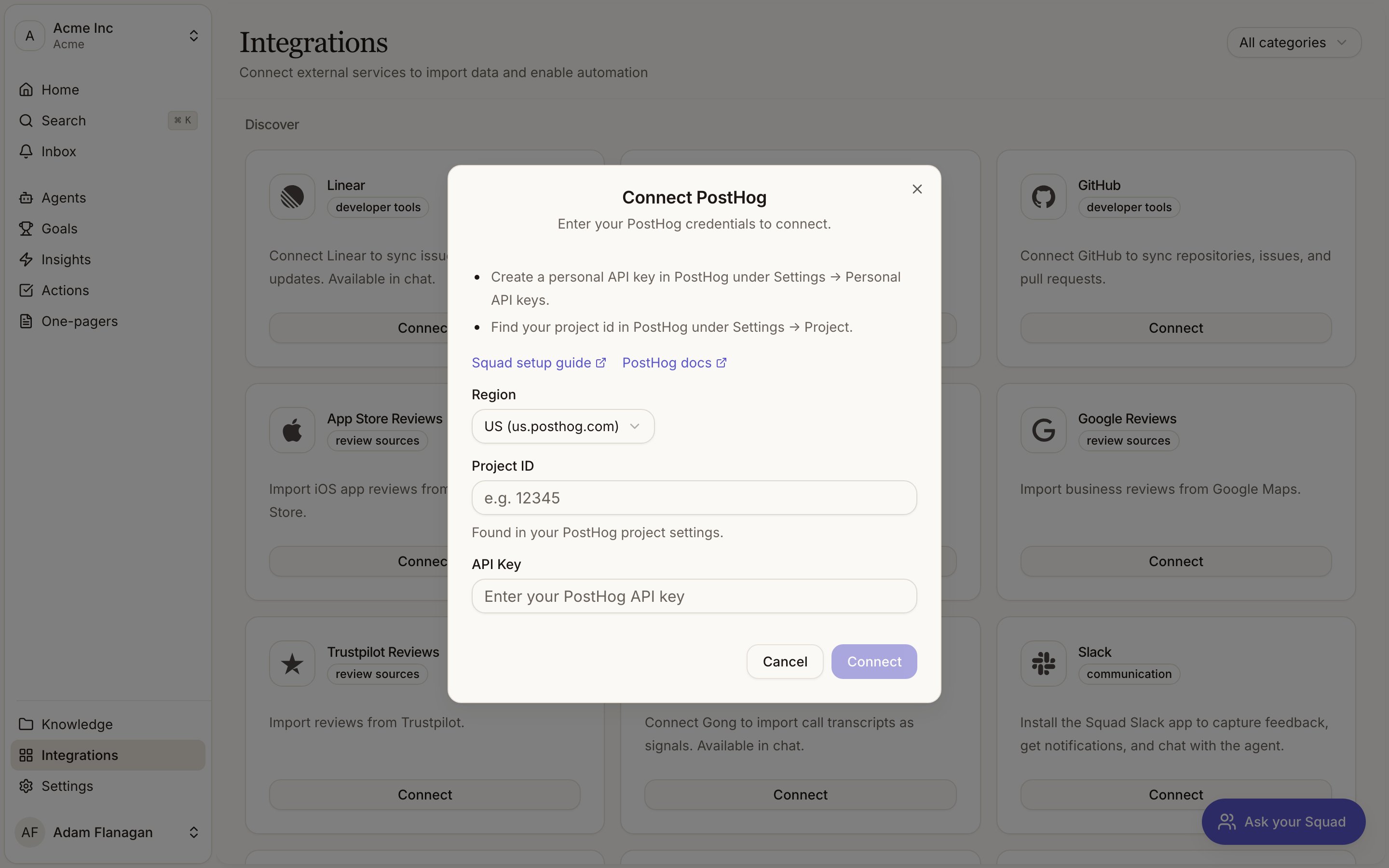 PostHog's connect dialog, asking for a region, project ID and API key
