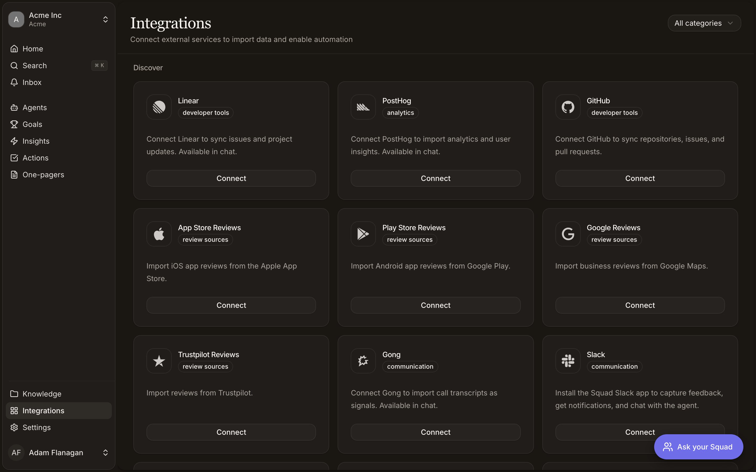 The Integrations page before anything is connected, every provider under Discover