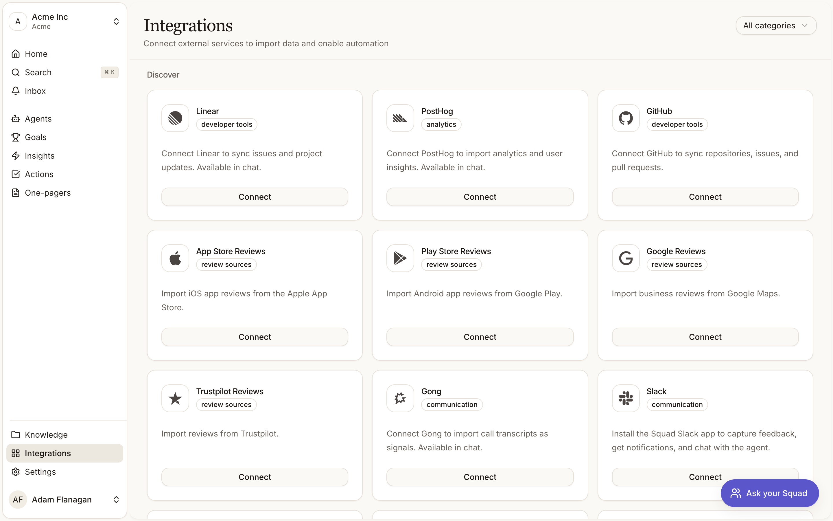 The Integrations page before anything is connected, every provider under Discover