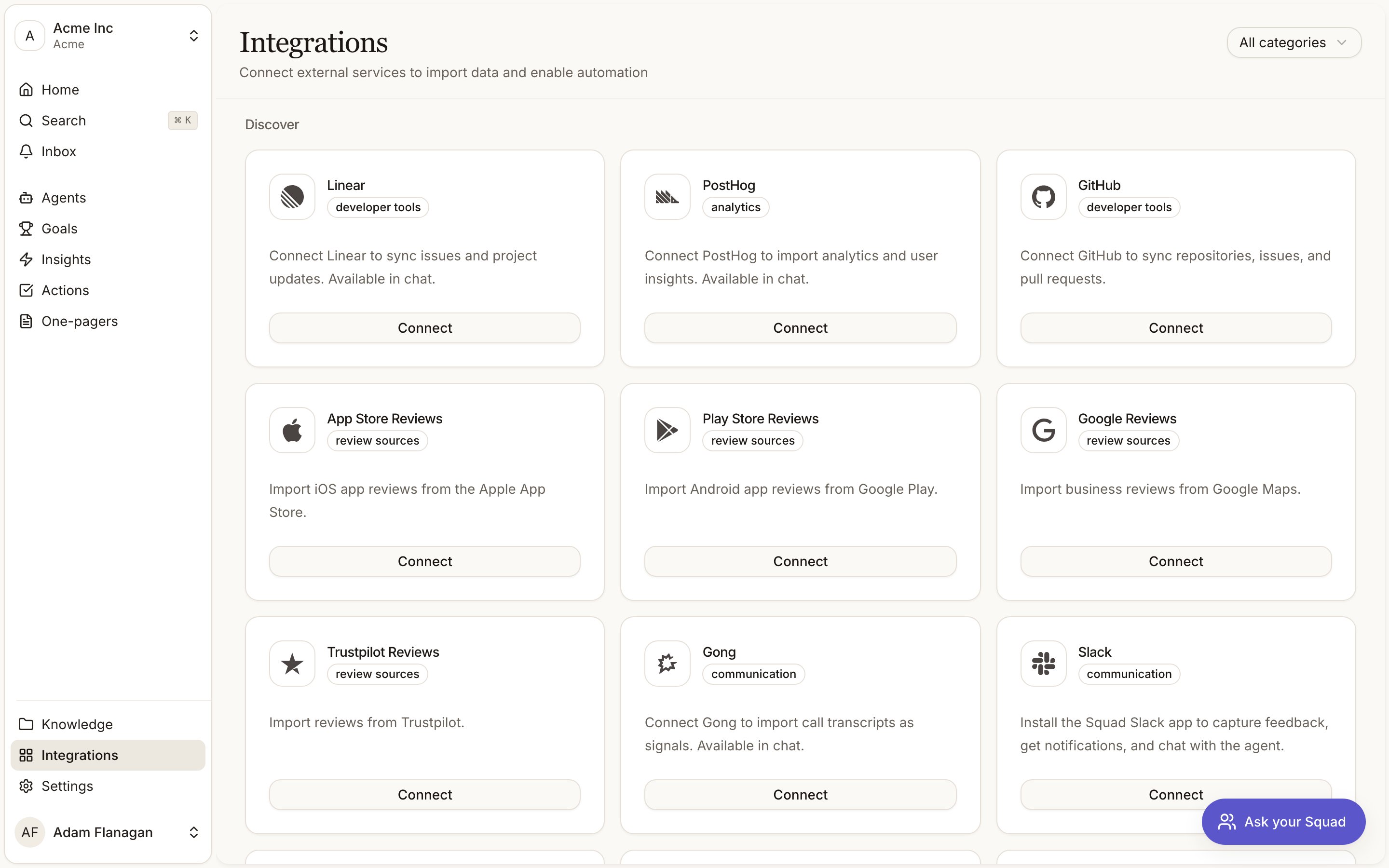 The Integrations page before anything is connected, every provider under Discover