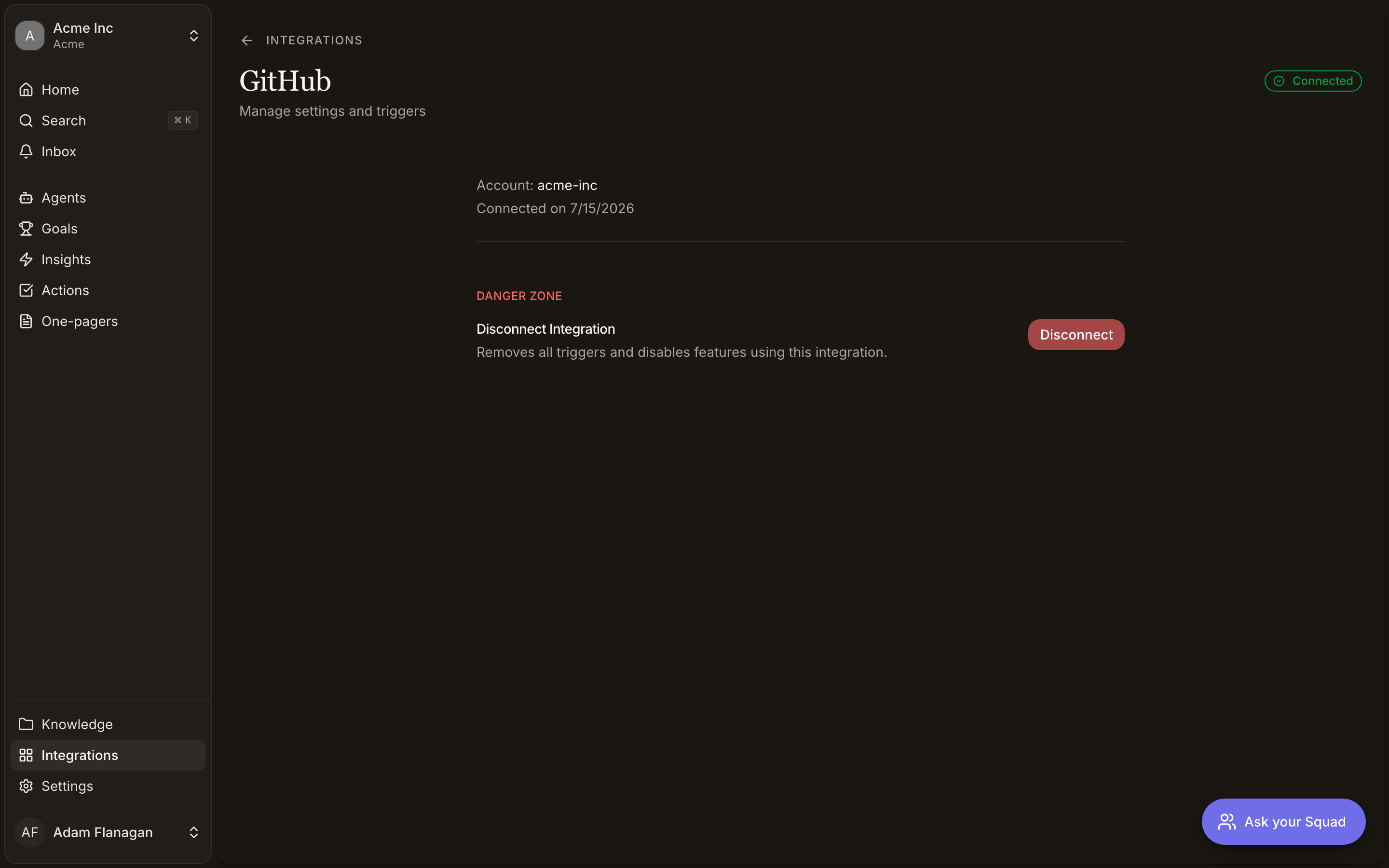 GitHub integration settings