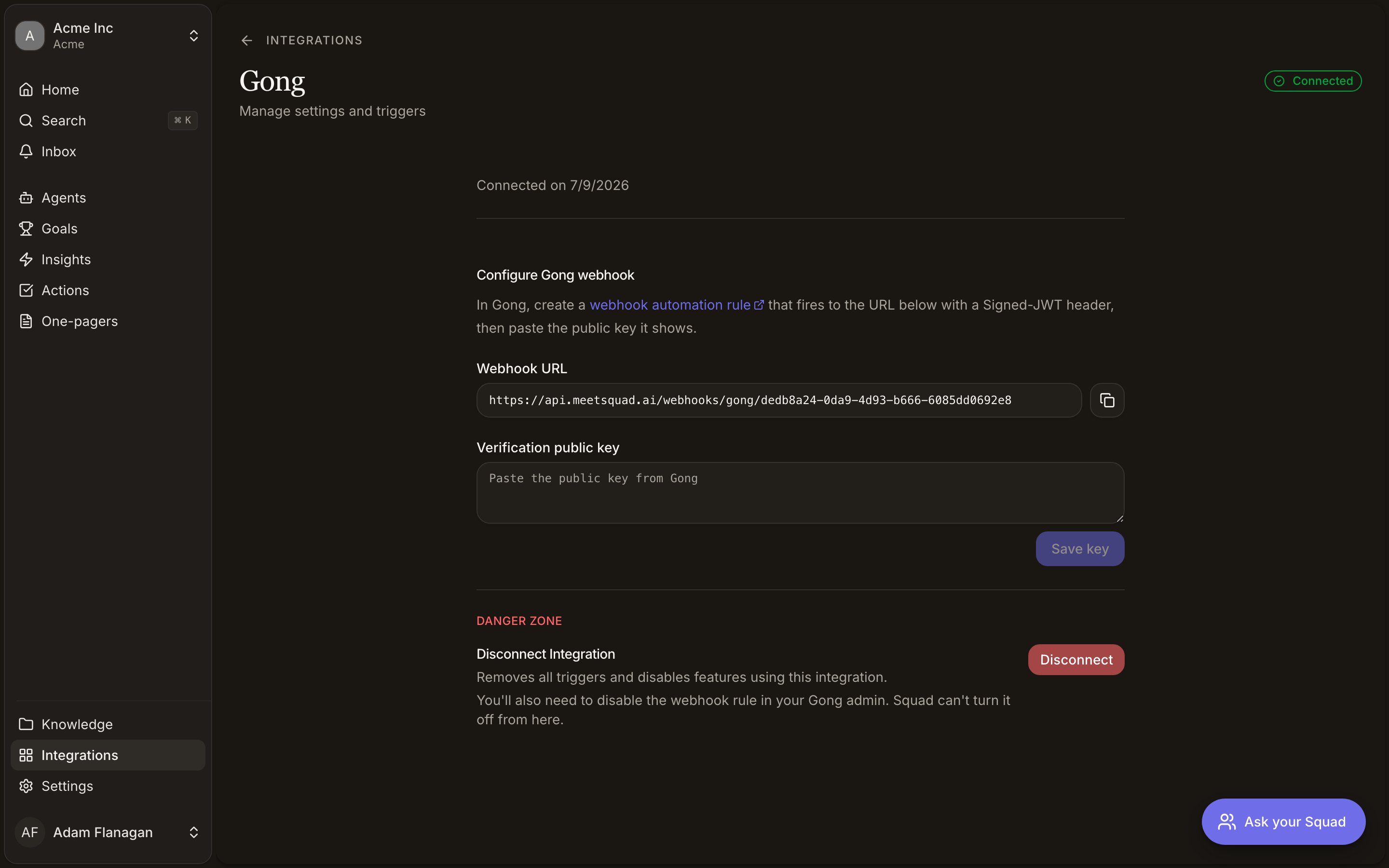Gong integration settings