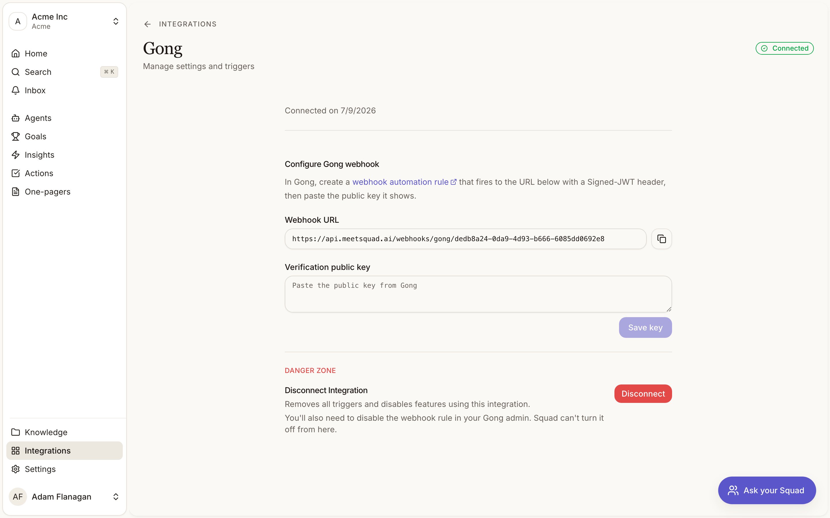 Gong integration settings