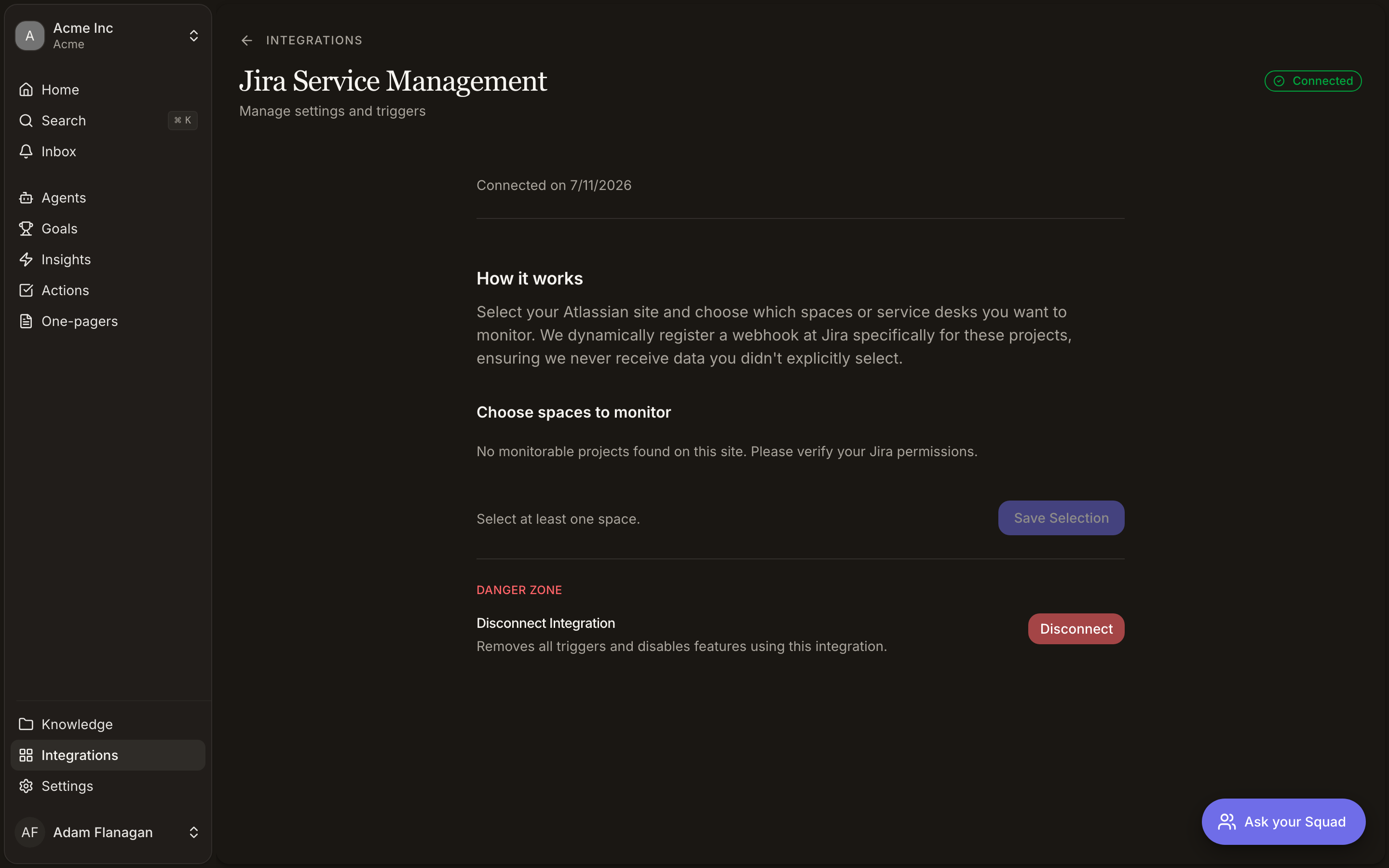 Jira Service Management integration settings