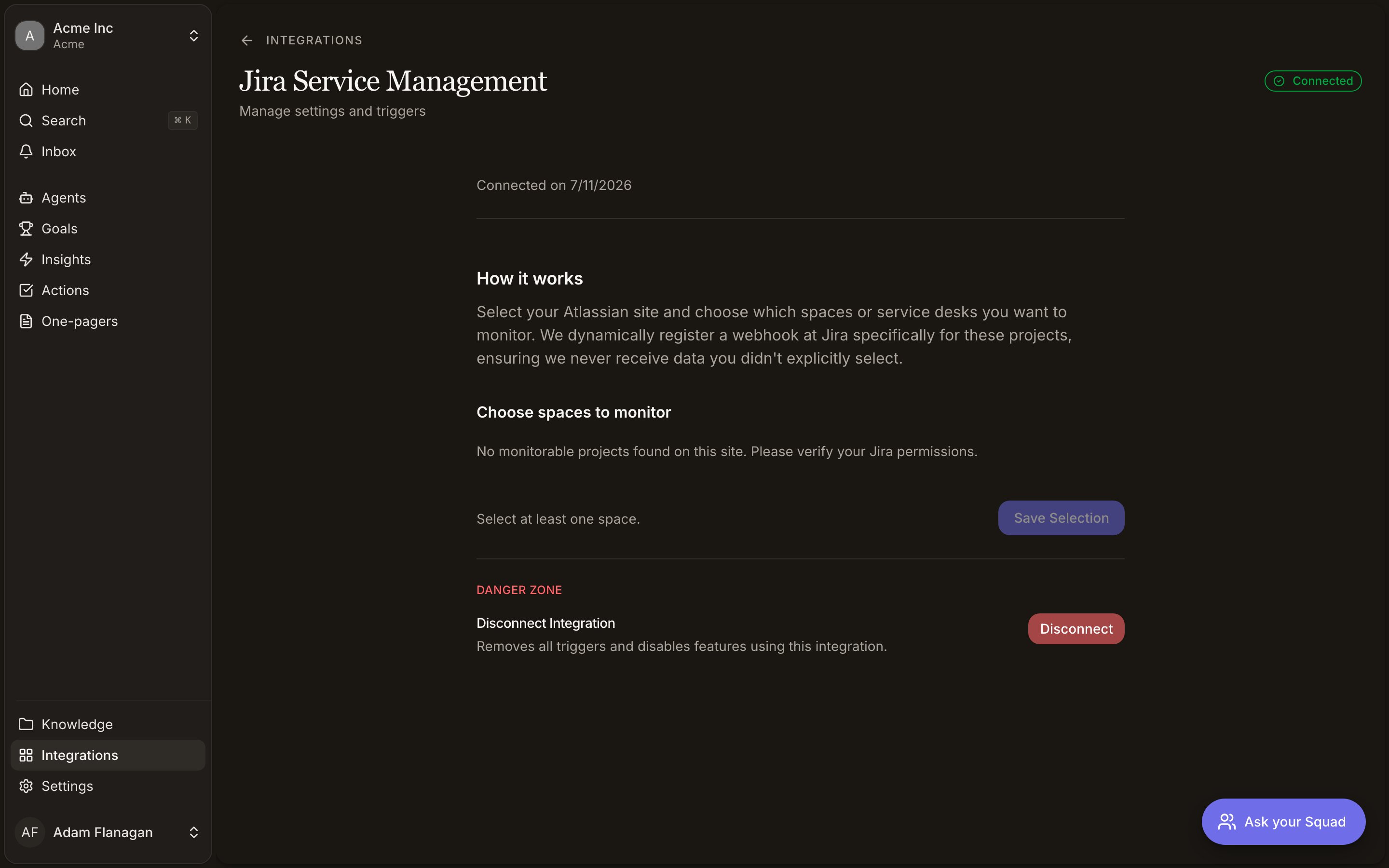 Jira Service Management integration settings