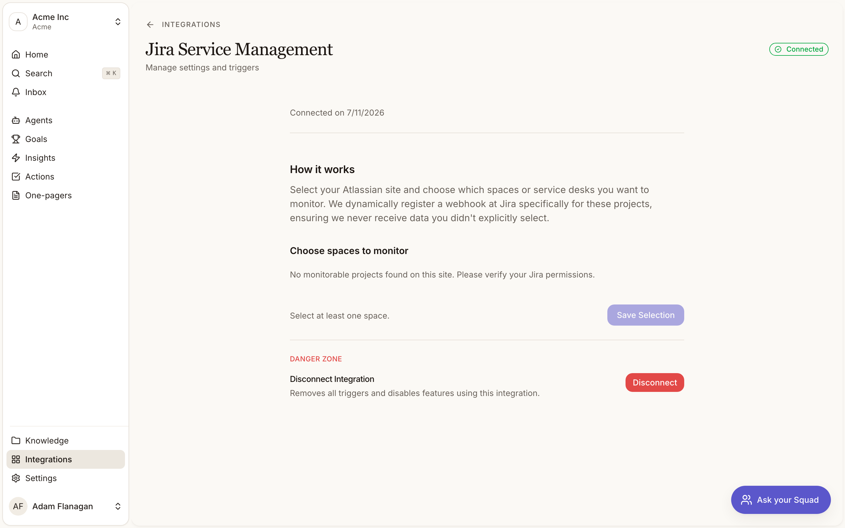 Jira Service Management integration settings